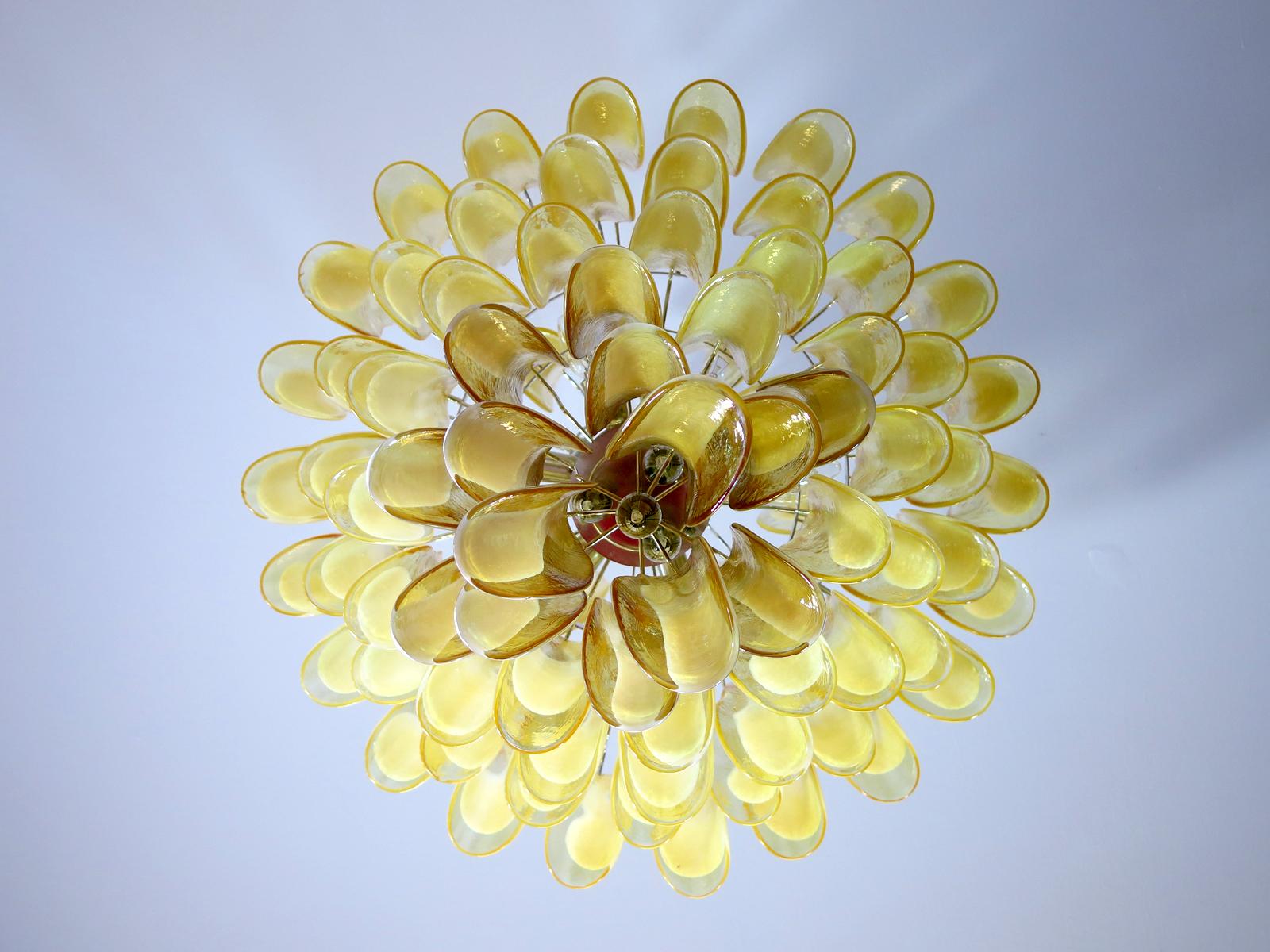 Blown Glass Chandelier Mazzega Murano, Italy, 85 Caramel Lattimo Glass Petals
