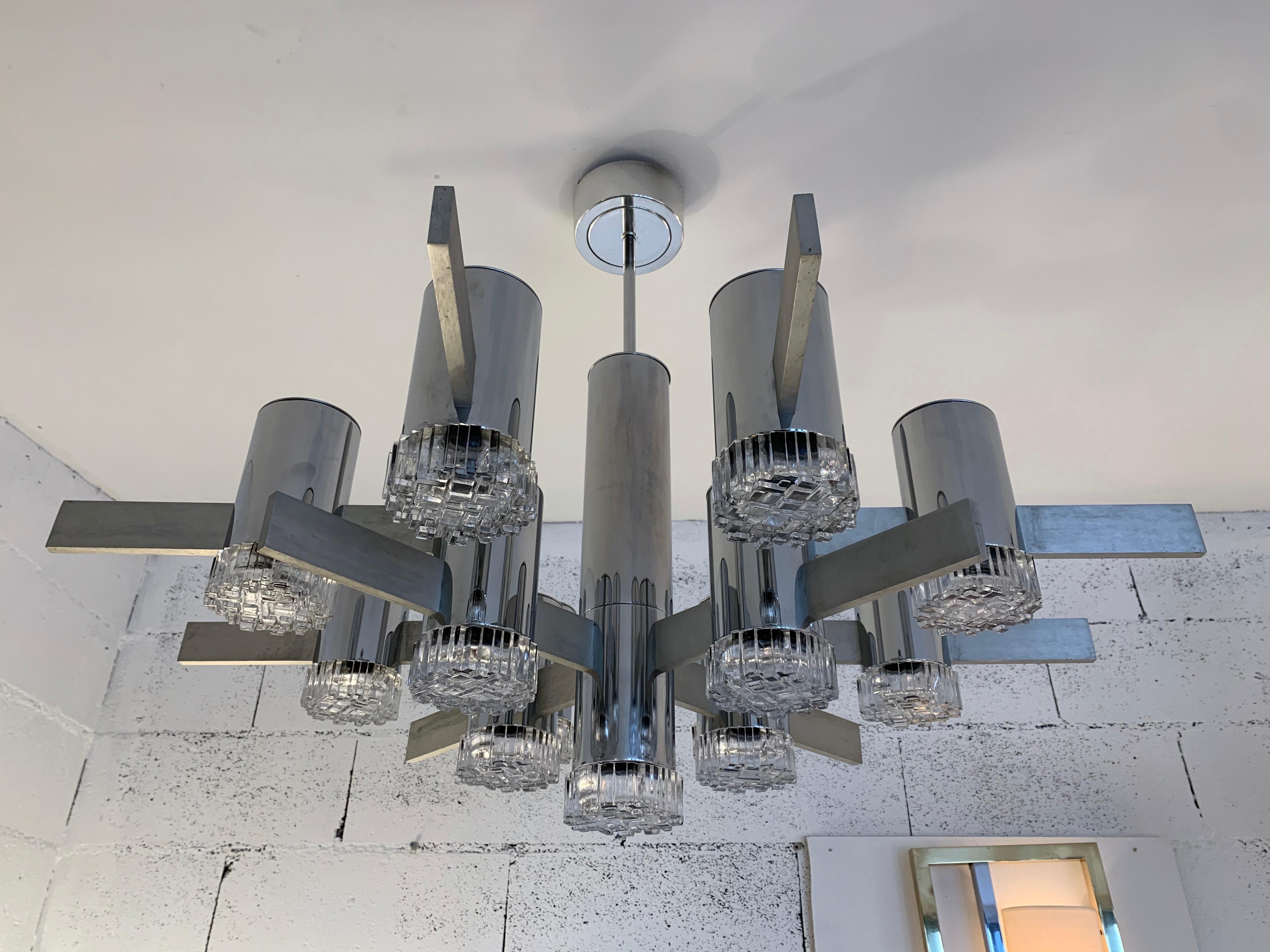 Space Age Chandelier Metal Chrome and Glass by Sciolari for Stilkronen, Germany, 1970s