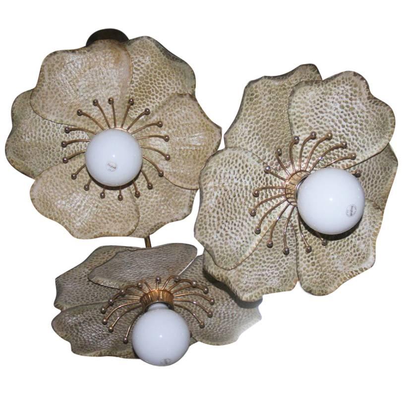 Lampadario  fiori in metallo laccati Ottone Design italiano 1970