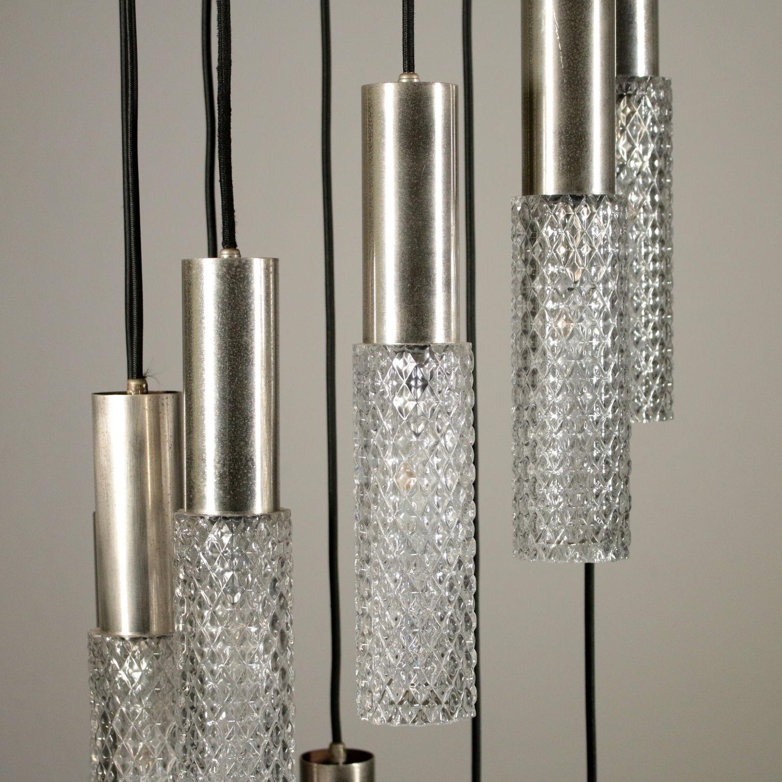 Mid-Century Modern Chandelier Metal Glass Vintage Manufactured in Italy, 1960s