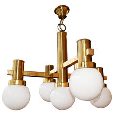 Chandelier Midcentury Brass and Opaline Glass Sciolari Style, Italy 1960s