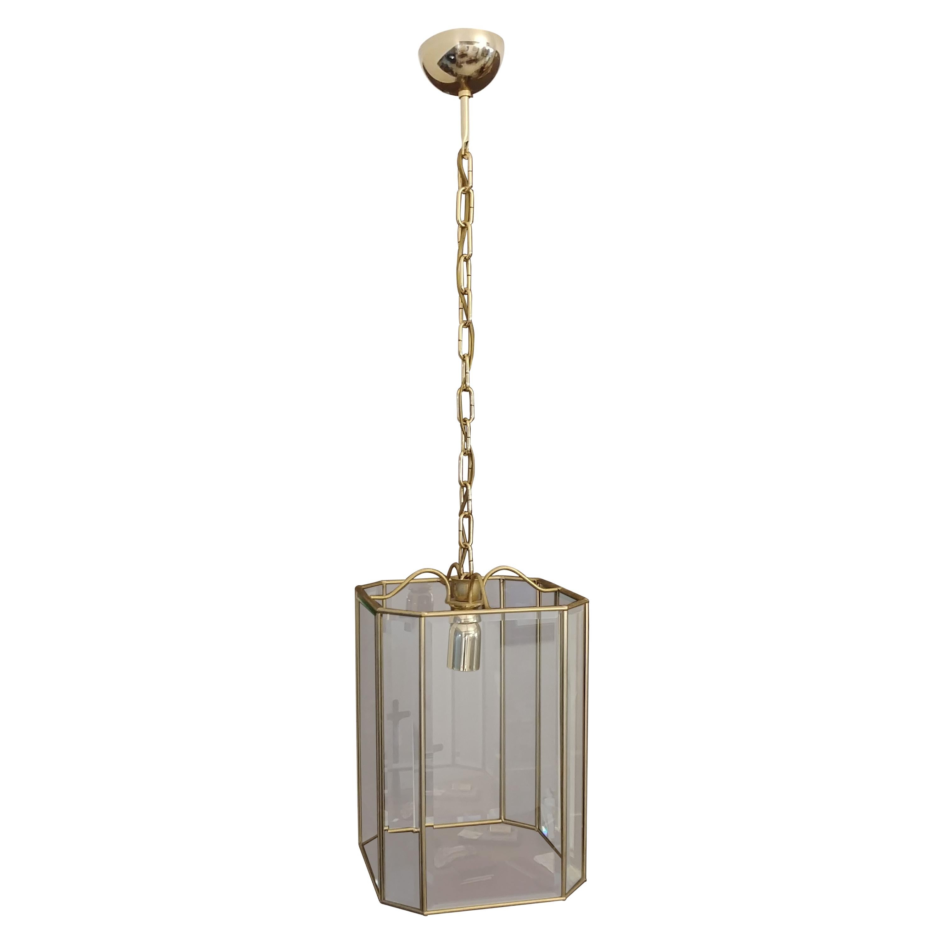 Midcentury Chandelier Suspension Pendant Brass Glass Italian Design 1970s
