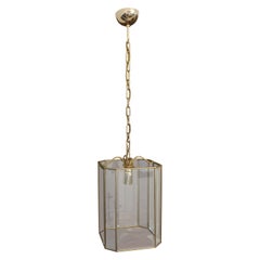 Midcentury Chandelier Suspension Pendant Brass Glass Italian Design 1970s