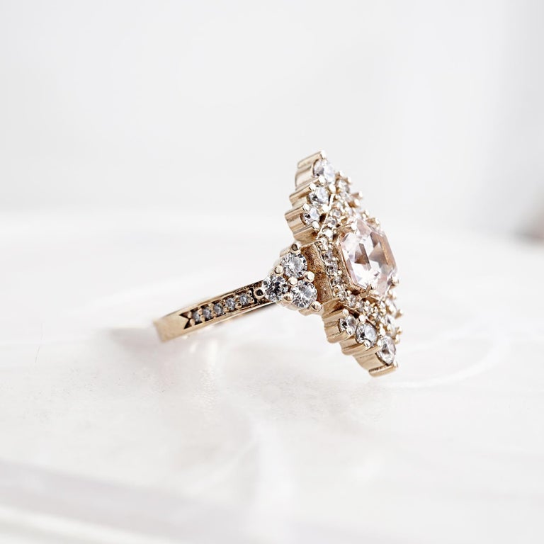 Hexagon Morganite Diamond Yellow Gold Engagement Ring For Sale at 1stDibs