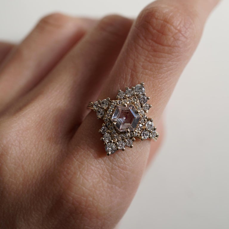 Hexagon Morganite Diamond Yellow Gold Engagement Ring For Sale at 1stDibs