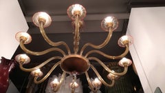 Chandelier Murano 12 Lights 1940, Color Ambra Red Profiles, Round Shape, Glass