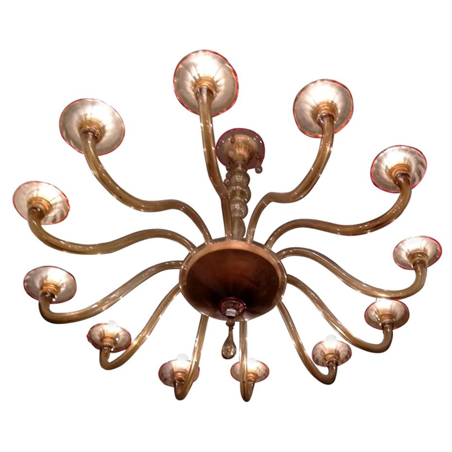 Chandelier Murano 12 Lights 1940, Color Ambra Red Profiles, Round Shape, Glass