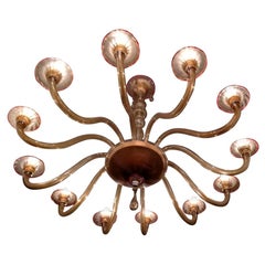 Vintage Chandelier Murano 12 Lights 1940, Color Ambra Red Profiles, Round Shape, Glass