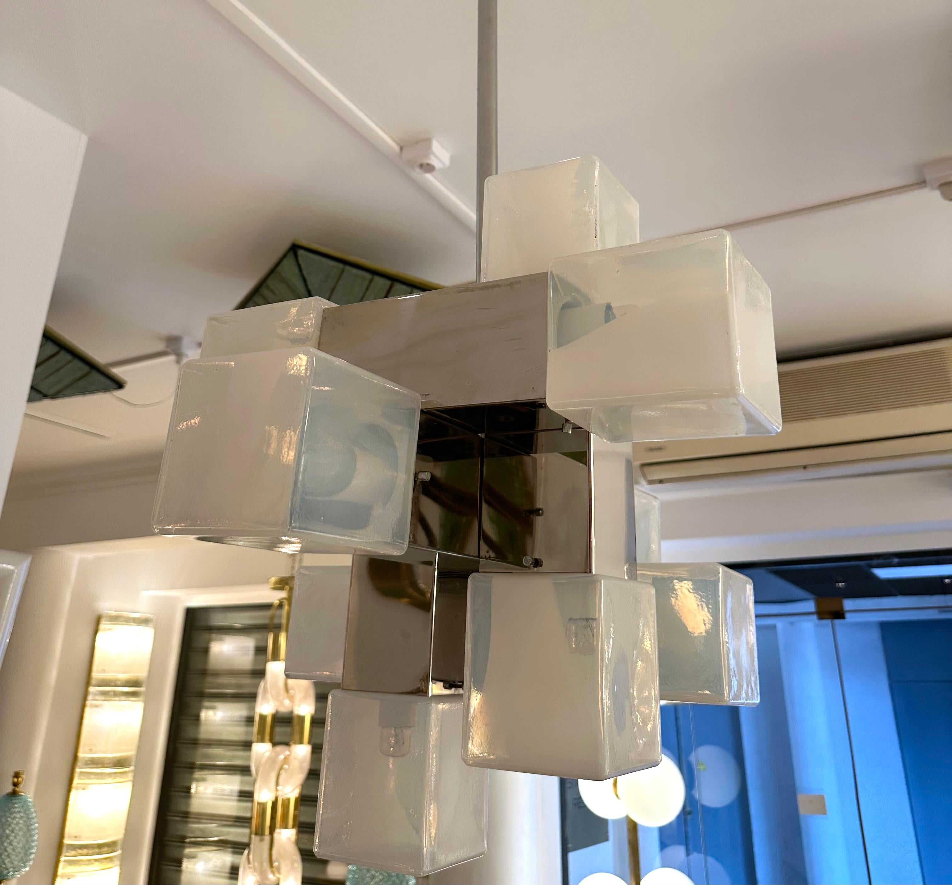 Chandelier Murano Glass Cube and Metal by Mazzega, Italy, 1970s For Sale 6