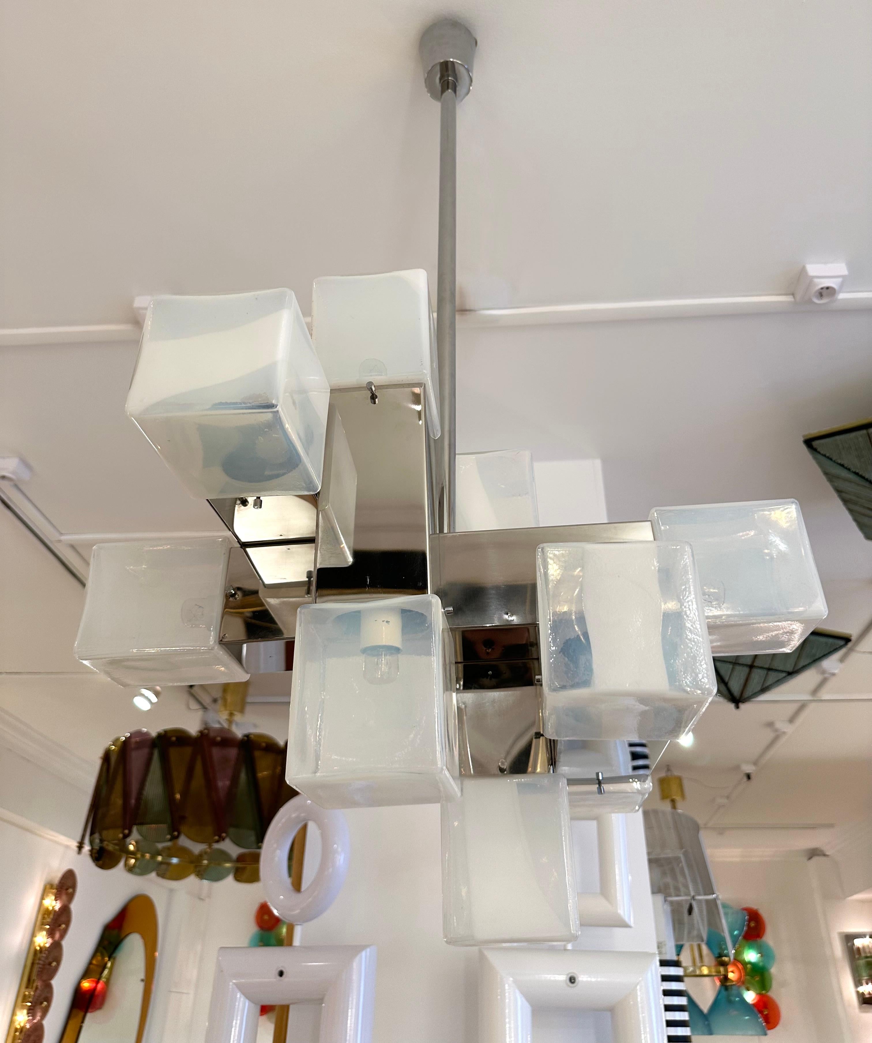 Italian Chandelier Murano Glass Cube and Metal by Mazzega, Italy, 1970s For Sale