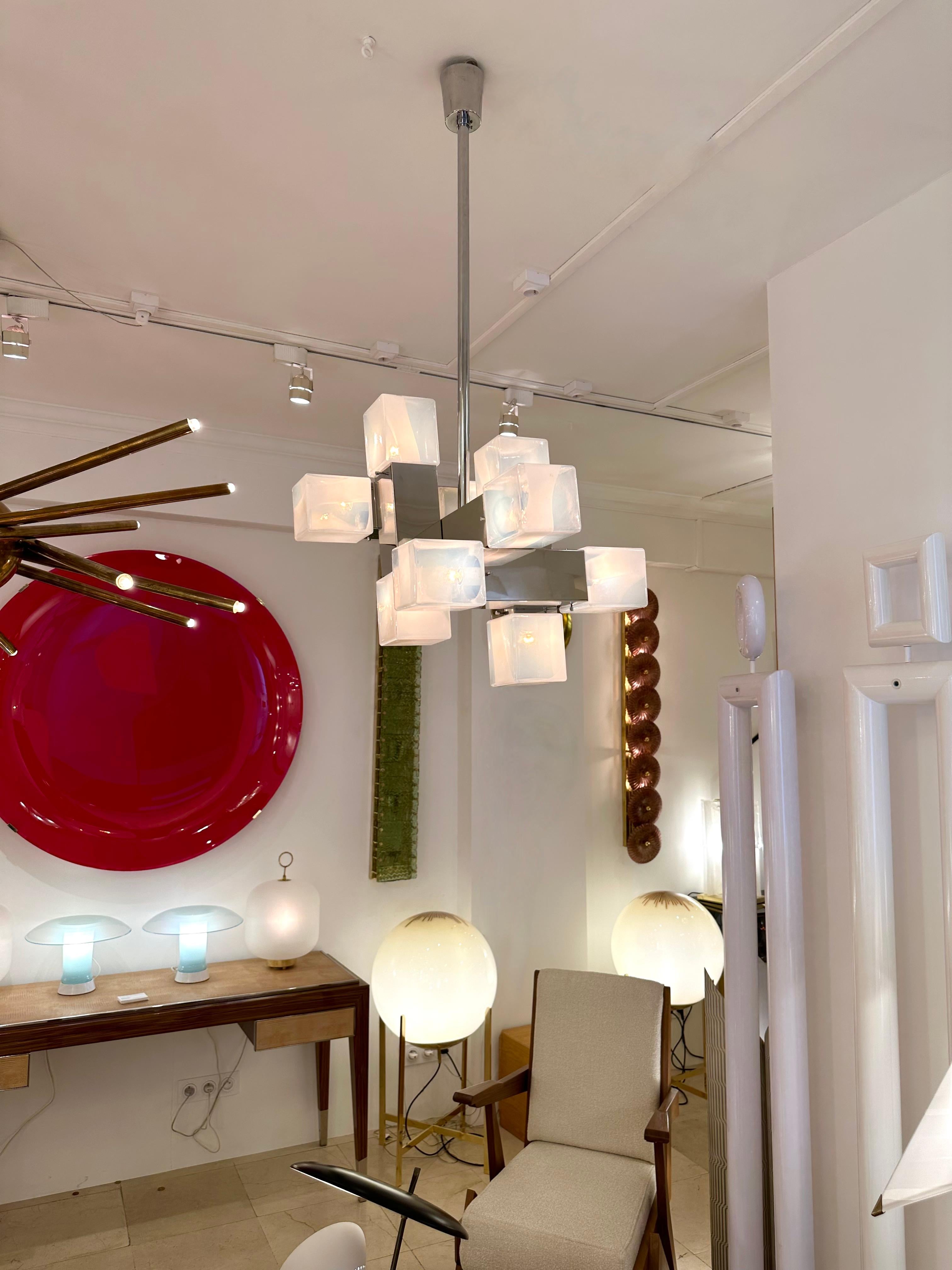 Late 20th Century Chandelier Murano Glass Cube and Metal by Mazzega, Italy, 1970s For Sale