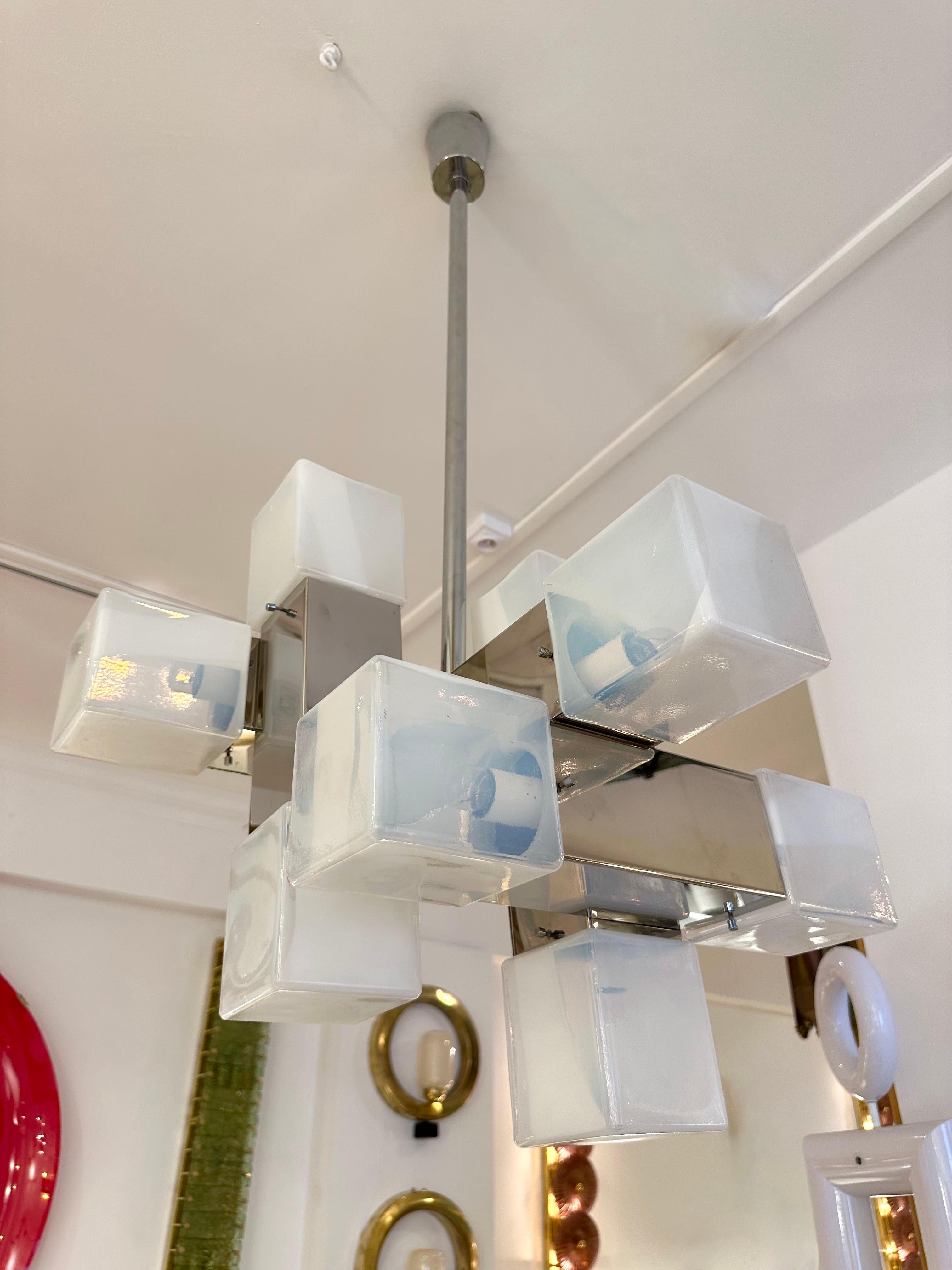 Chandelier Murano Glass Cube and Metal by Mazzega, Italy, 1970s For Sale 1
