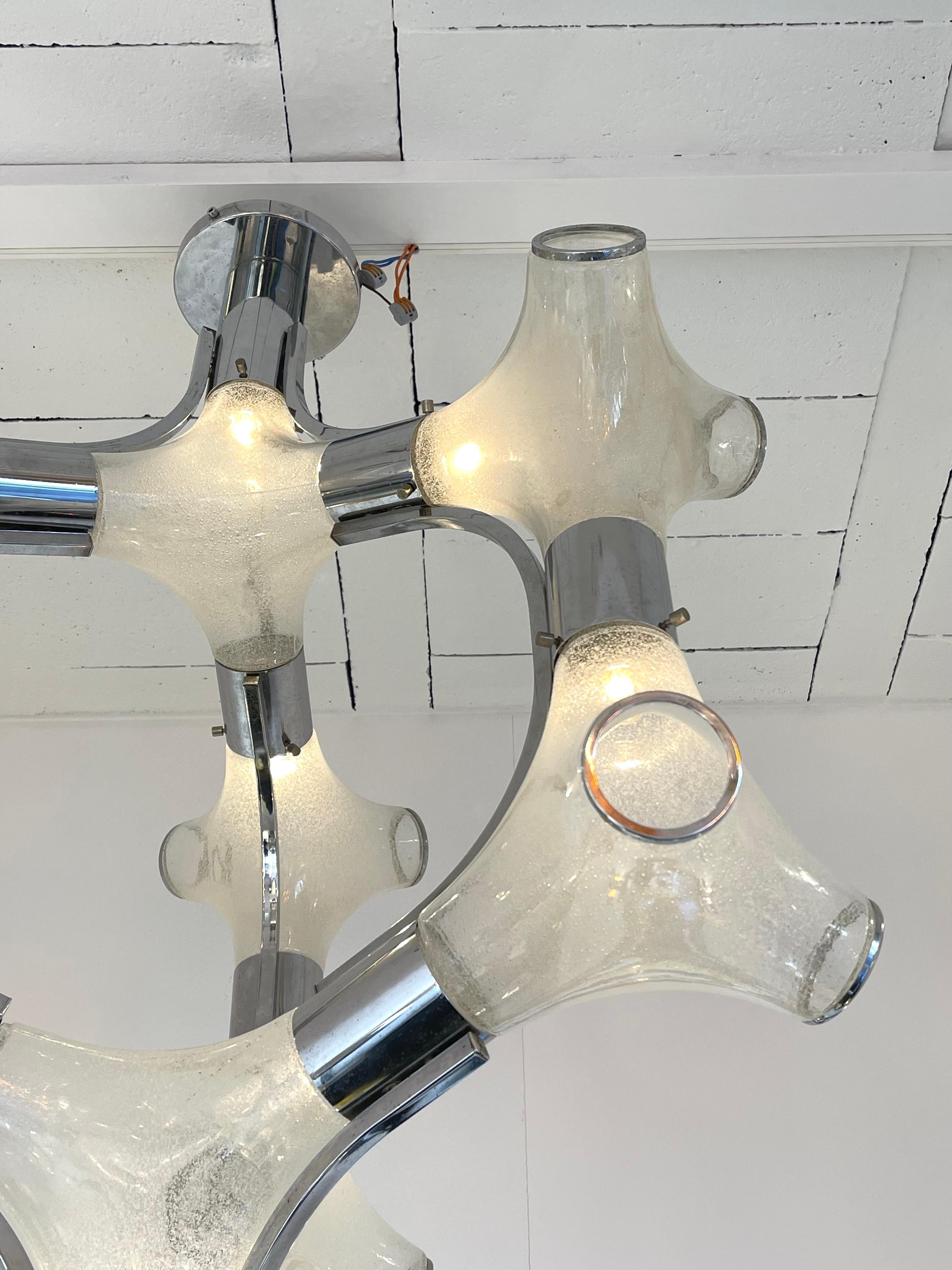 Mid-Century Modern Chandelier Murano Glass Metal Chrome by Aldo Nason for Mazzega, Italy, 1970s For Sale