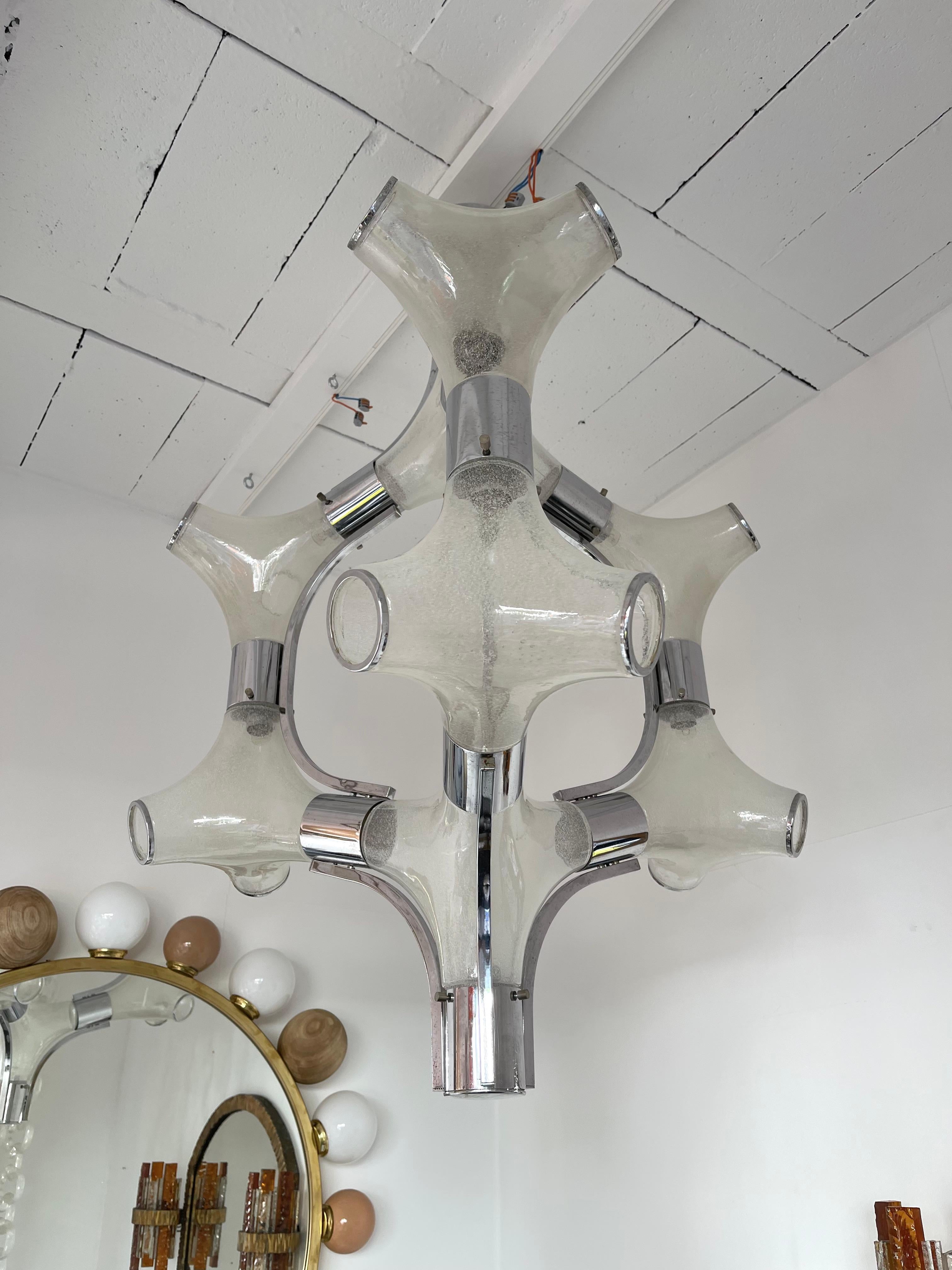 Chandelier Murano Glass Metal Chrome by Aldo Nason for Mazzega, Italy, 1970s In Good Condition For Sale In SAINT-OUEN, FR