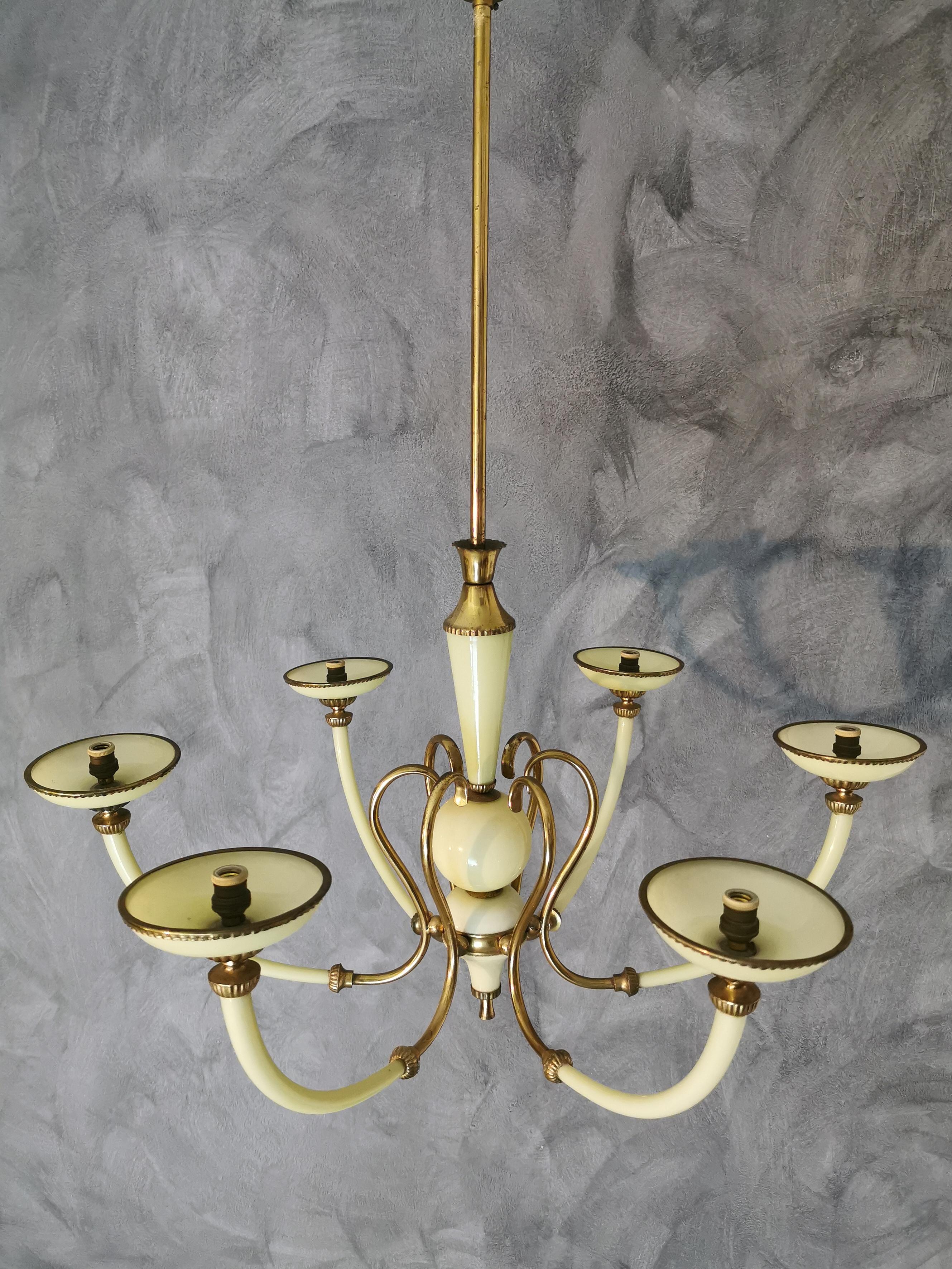 Chandelier by unknown designer with six arms, in light green layered Murano glass with brass trimmings. 6 lights, from the 1950s.