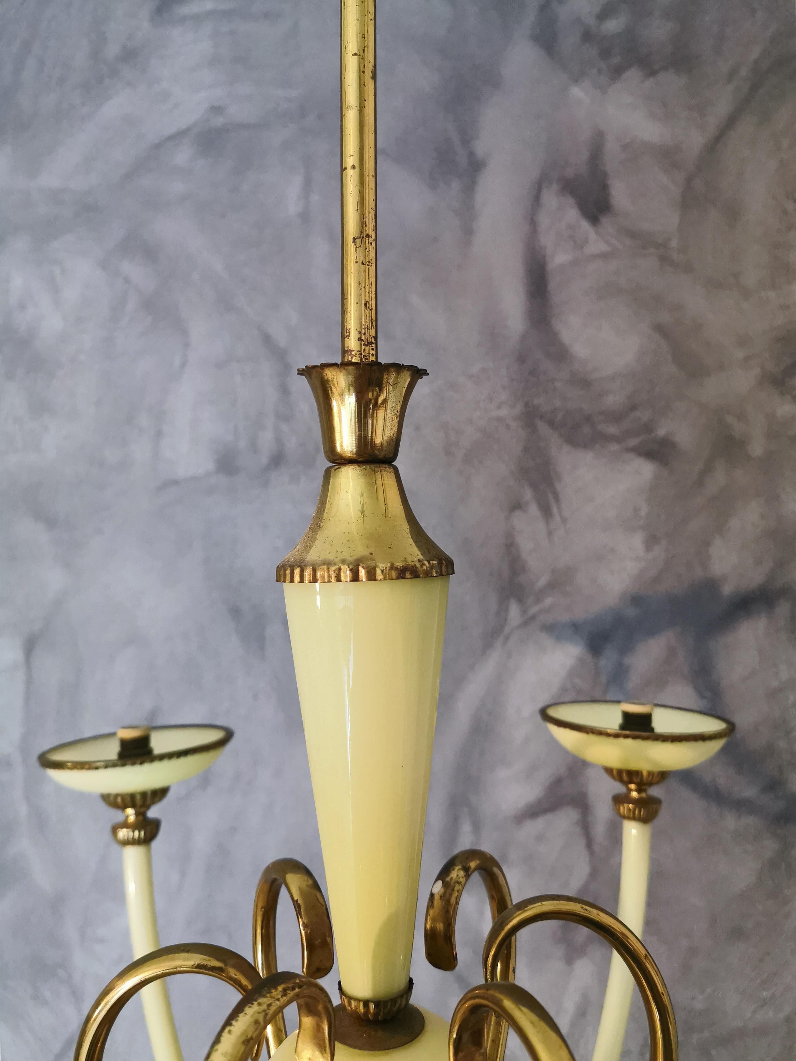 Mid-Century Modern Mid Century Chandelier Brass Murano Glass Light Green 6 Lights Italy 1950s