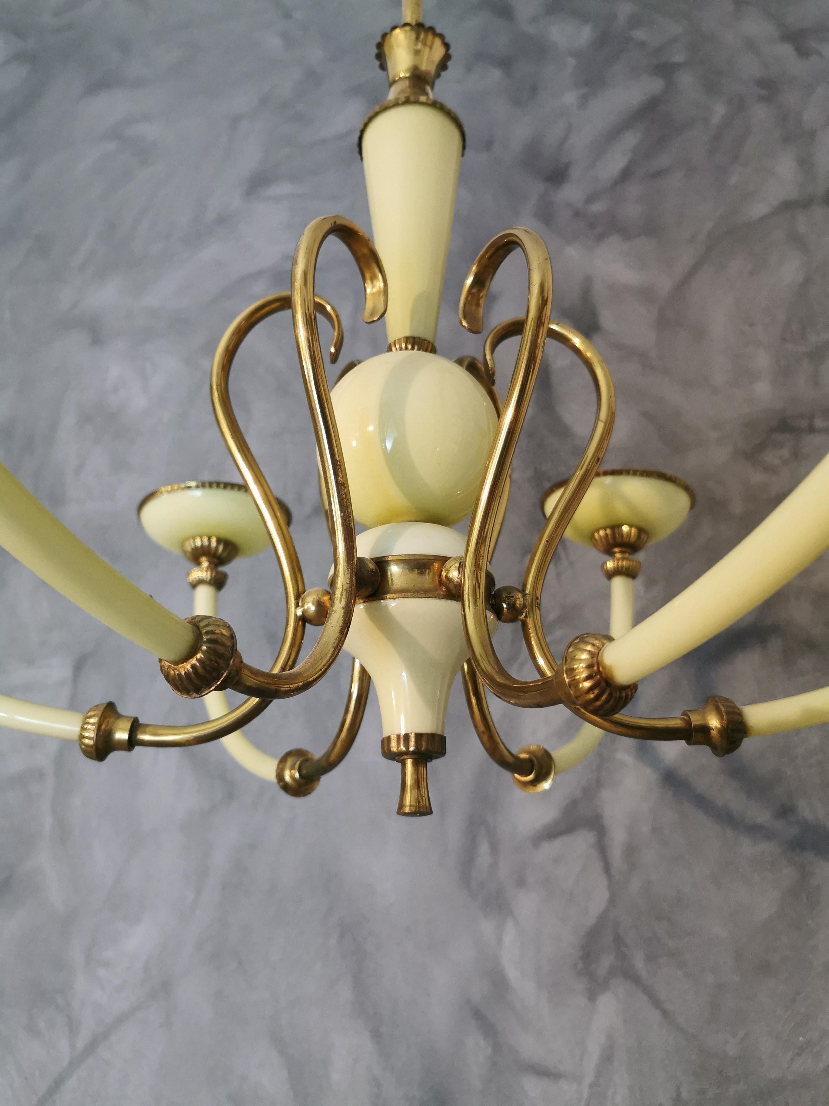 Mid-20th Century Mid Century Chandelier Brass Murano Glass Light Green 6 Lights Italy 1950s