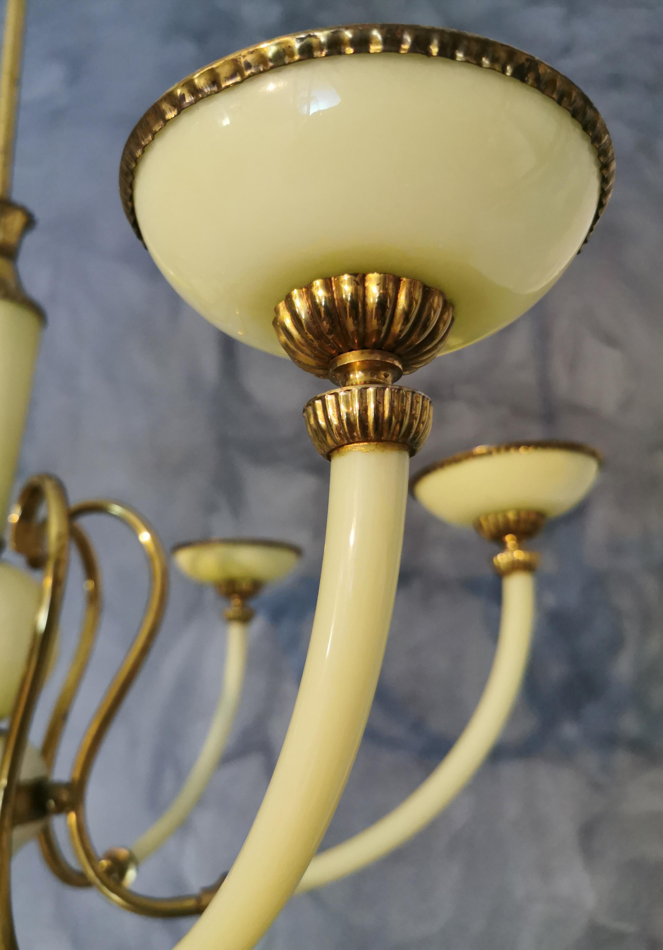 Mid Century Chandelier Brass Murano Glass Light Green 6 Lights Italy 1950s 1