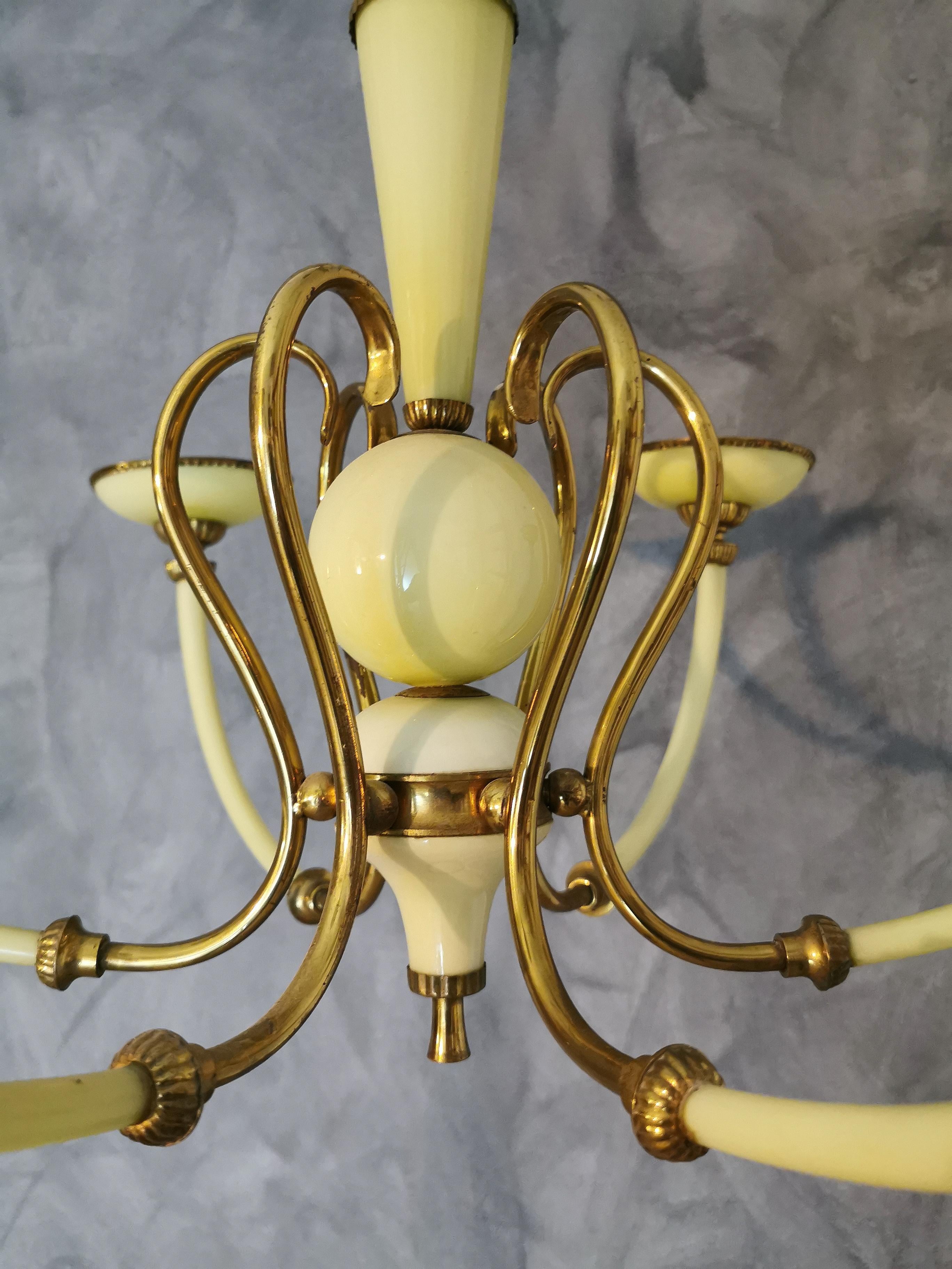 Mid Century Chandelier Brass Murano Glass Light Green 6 Lights Italy 1950s 3