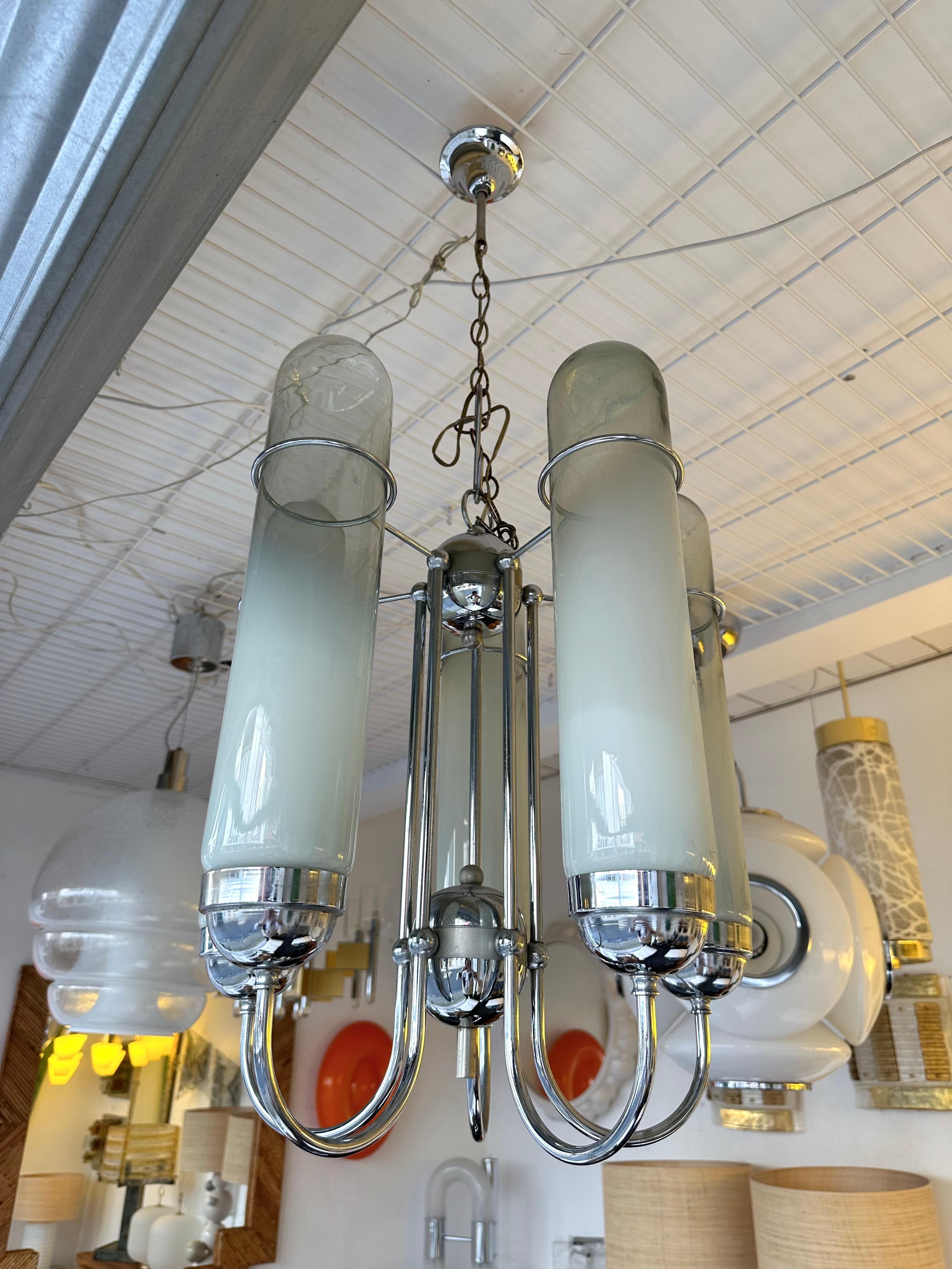 Chandelier Murano Glass Tubes and Metal Chrome. Italy, 1970s For Sale 4