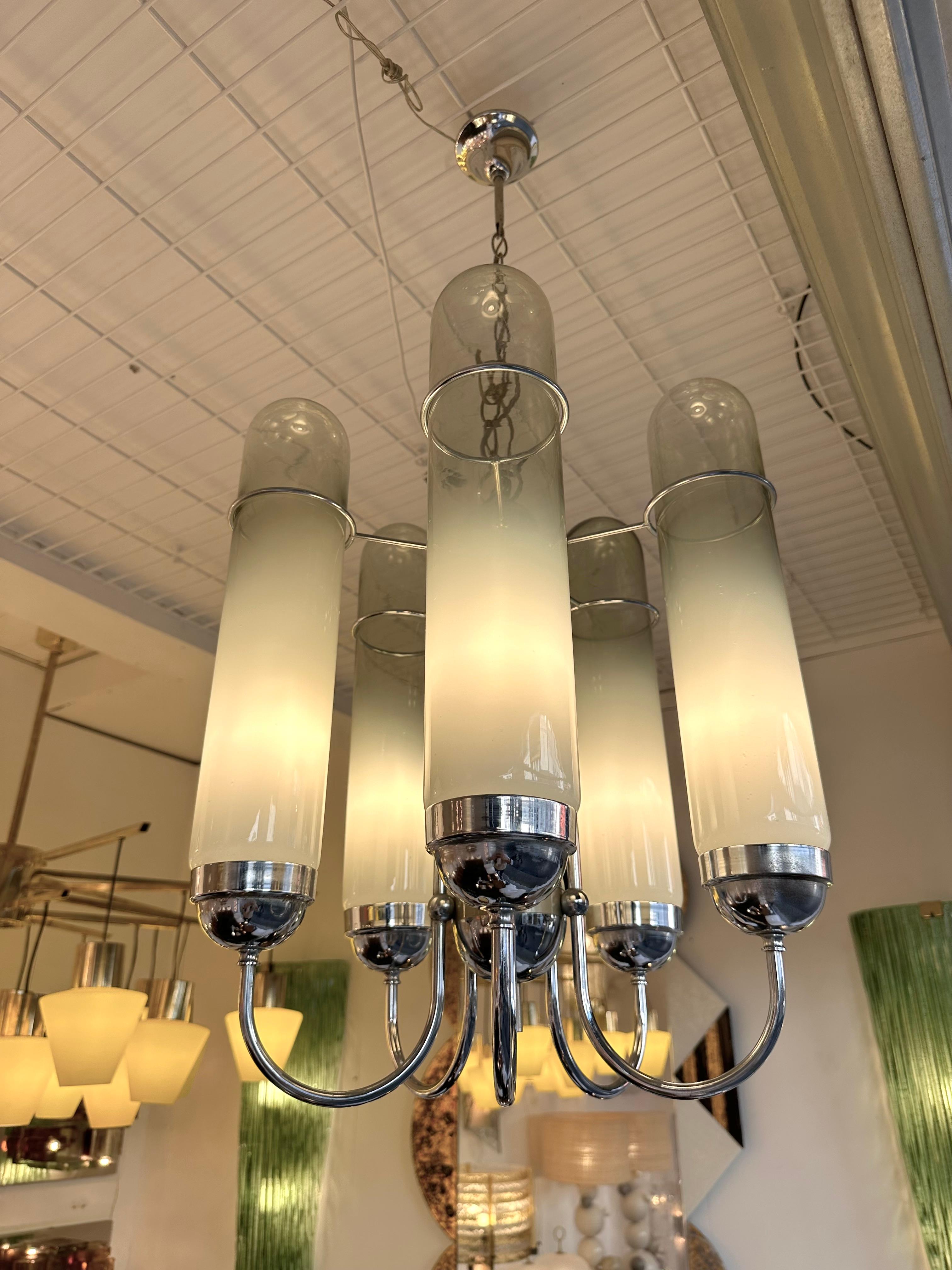 Italian Chandelier Murano Glass Tubes and Metal Chrome. Italy, 1970s For Sale