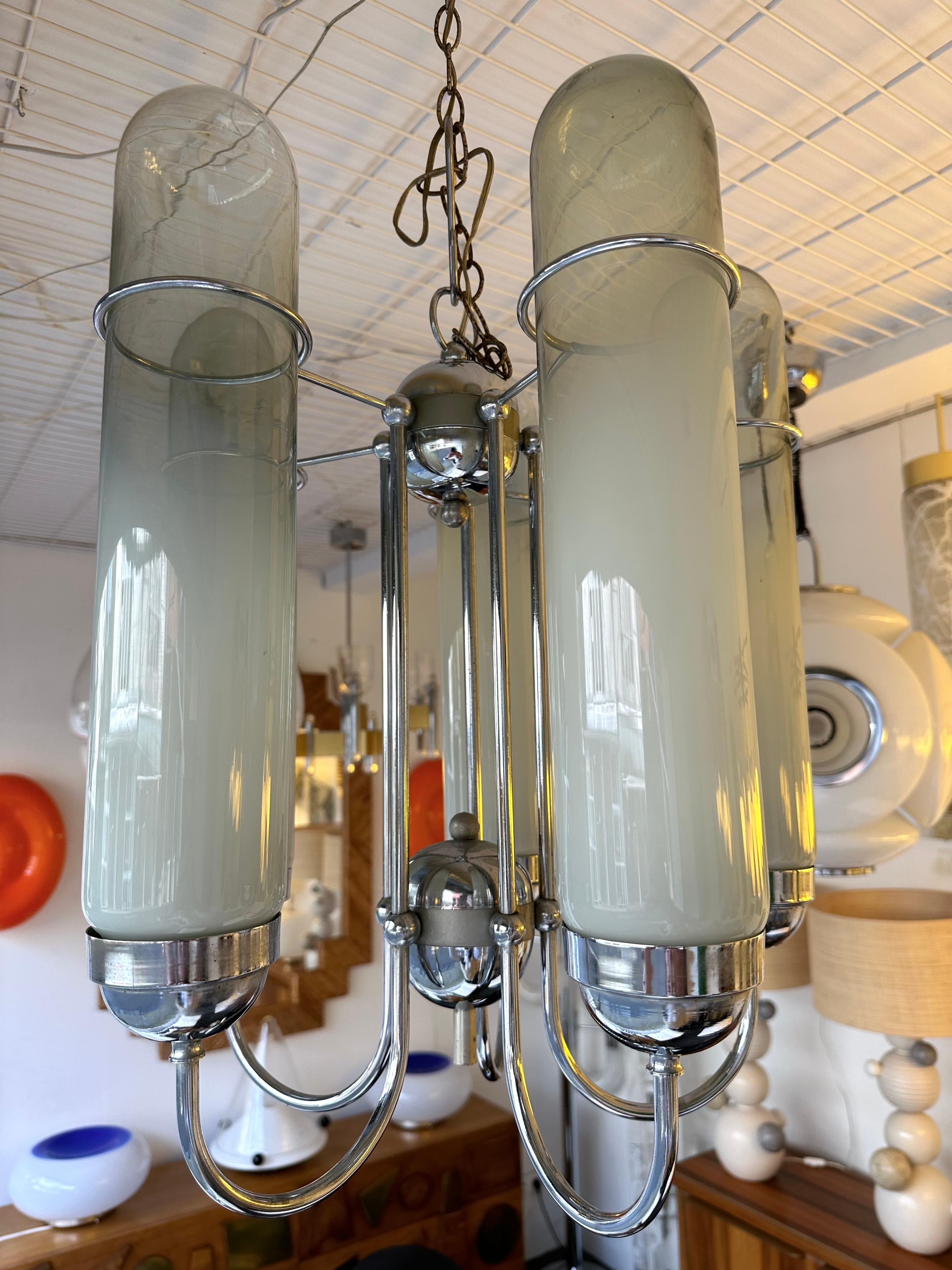 Chandelier Murano Glass Tubes and Metal Chrome. Italy, 1970s For Sale 1