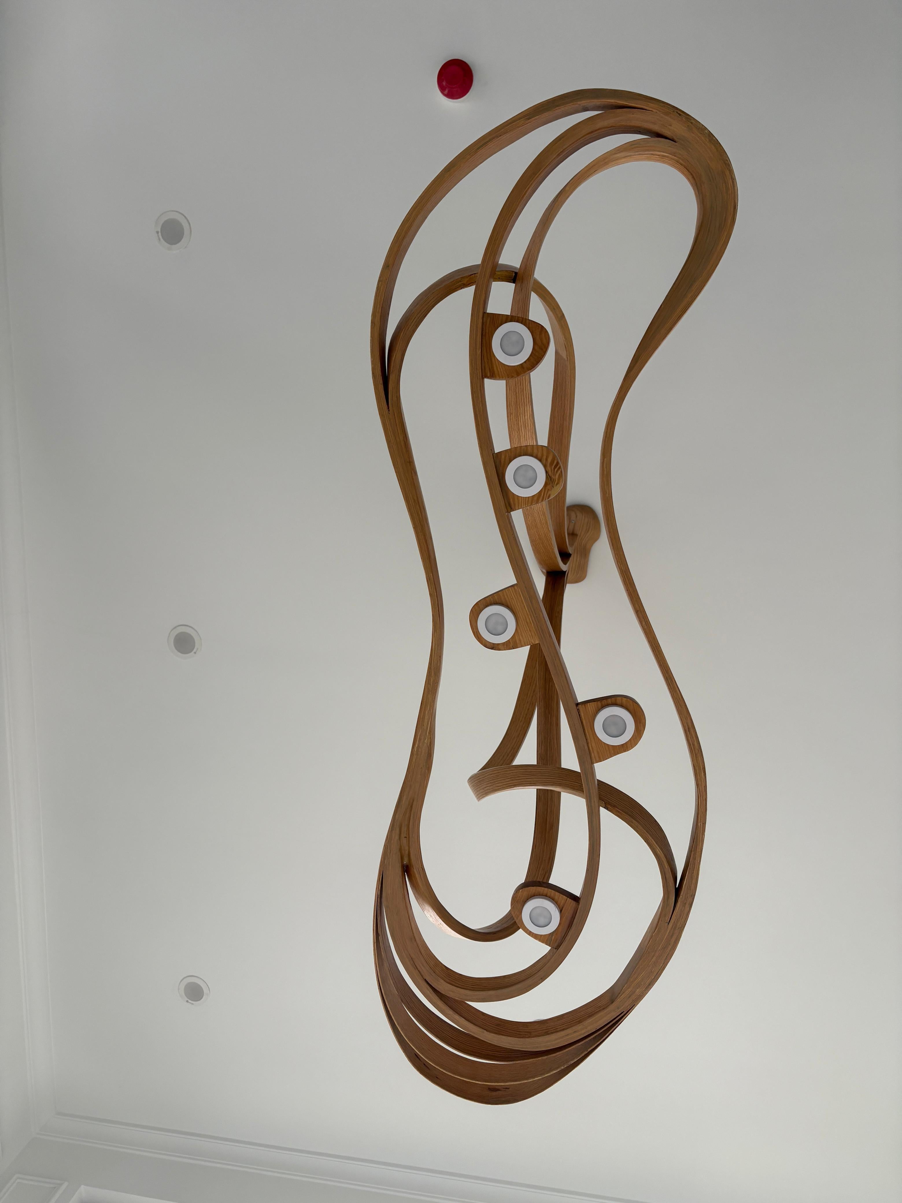 La lámpara de araña n.º 2 de la serie Vrksa está fabricada en madera maciza de fresno mediante técnicas de curvado de la madera. La pieza tiene un diseño complejo, que le da un aspecto variable desde cada ángulo. Los focos se colocan bajo la