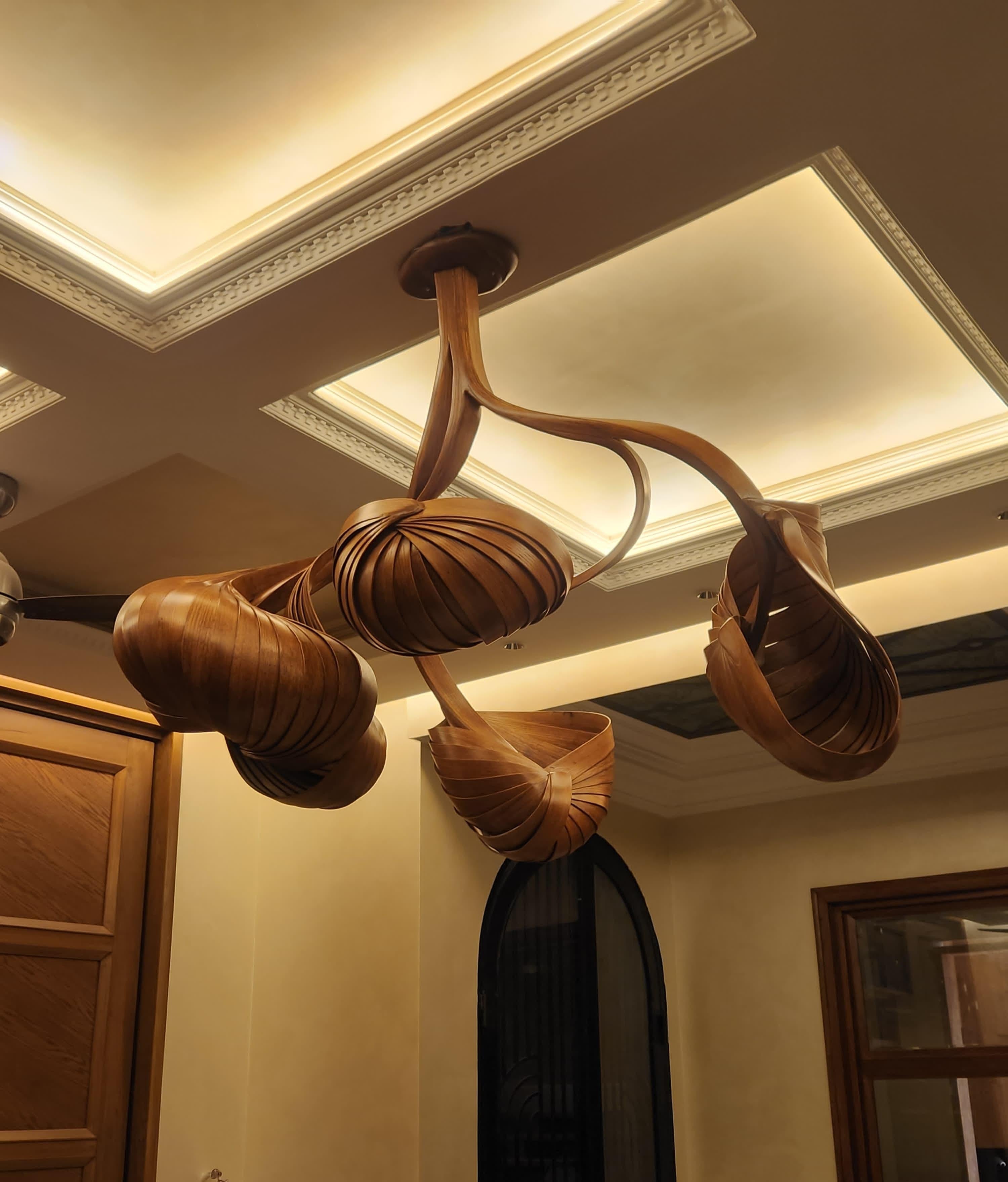 This Lighting Piece is a bent wood chandelier with four lighting pods that illuminate the room. The signature style of Raka Studio for coving the lighting module is used in this piece by bending multiple strips of wood and overlapping them together