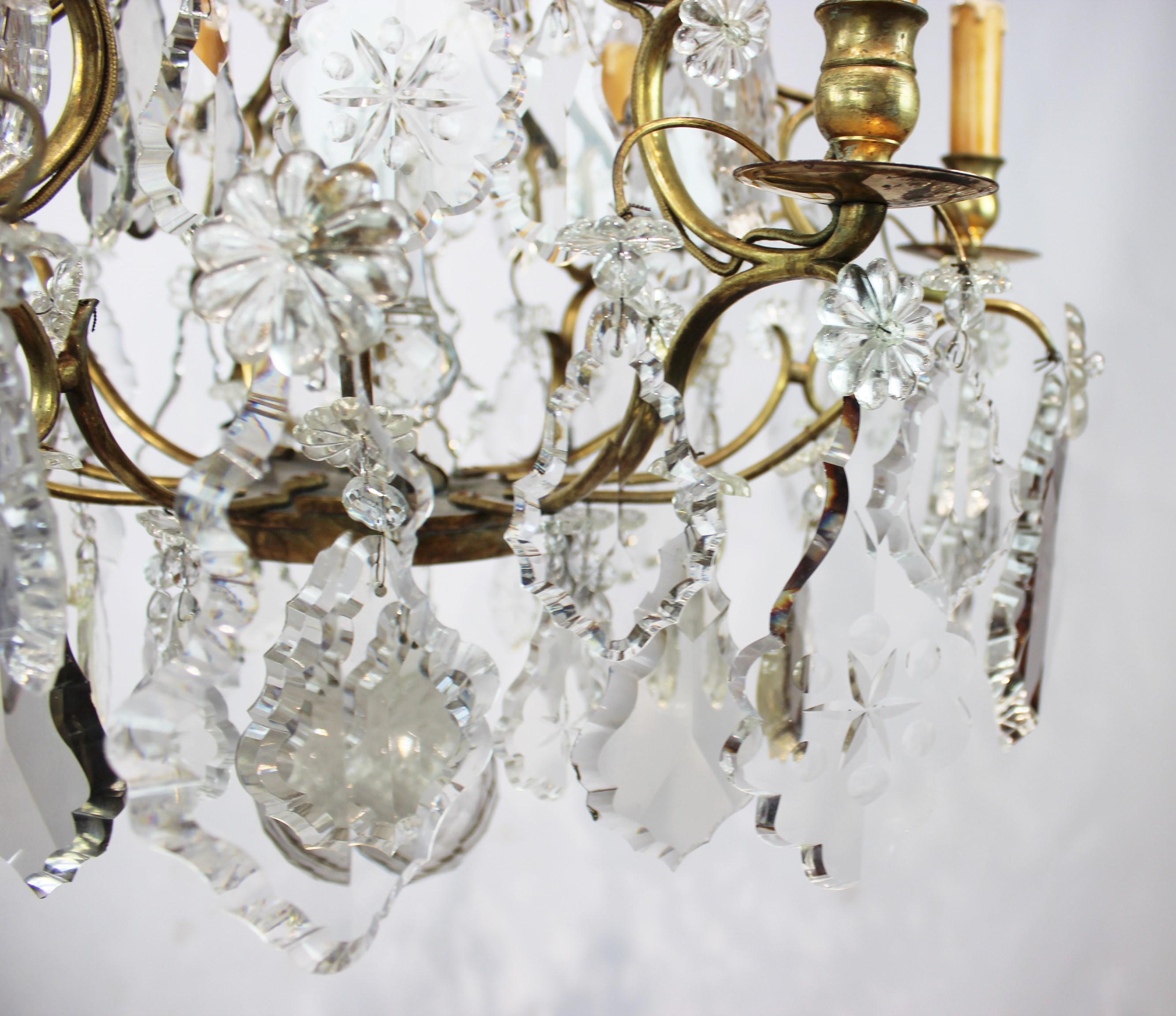 French Provincial Chandelier of Brass and Polished Prisms from France, circa 1920s