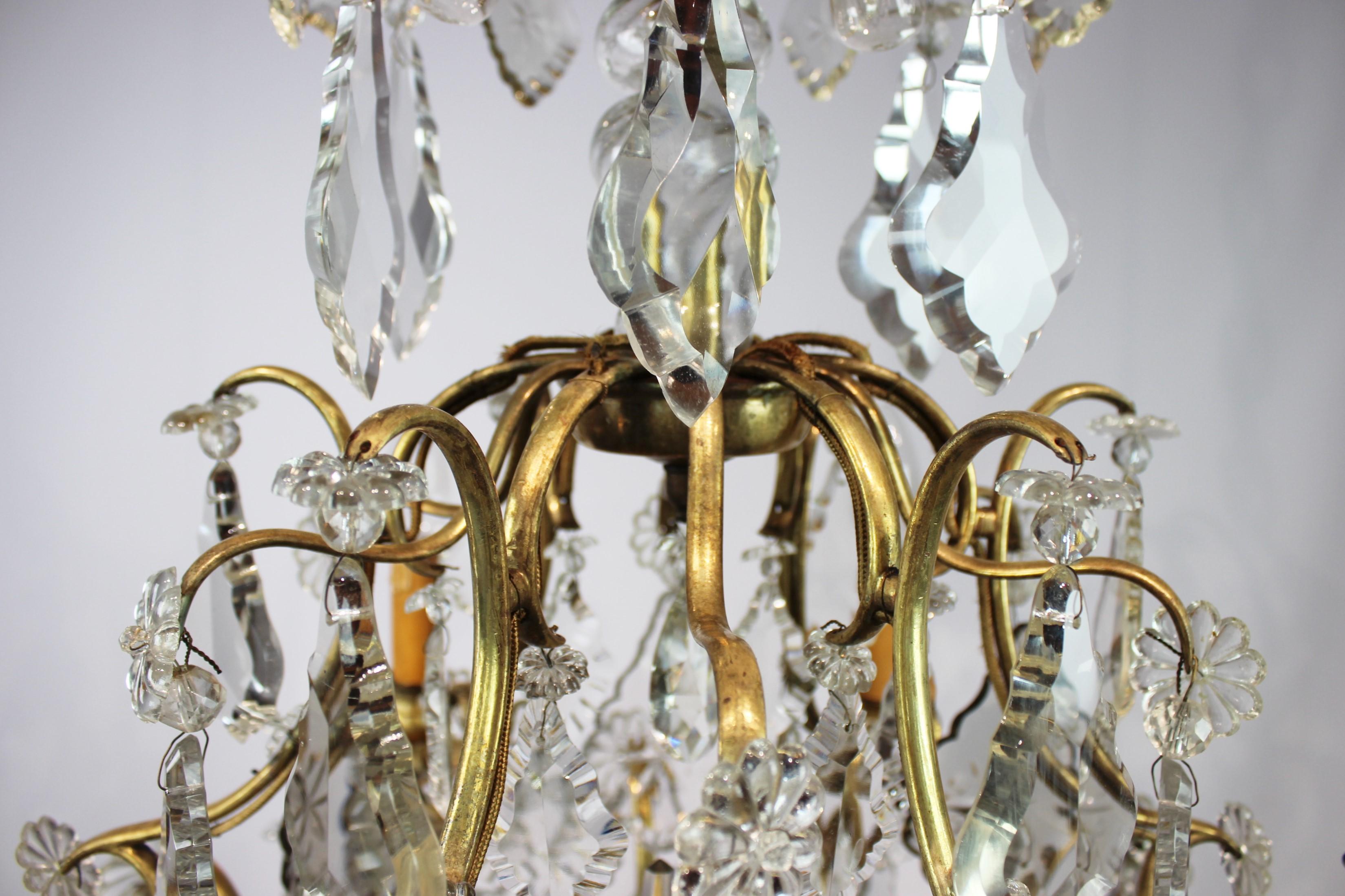 Chandelier of Brass and Polished Prisms from France, circa 1920s In Good Condition In Lejre, DK