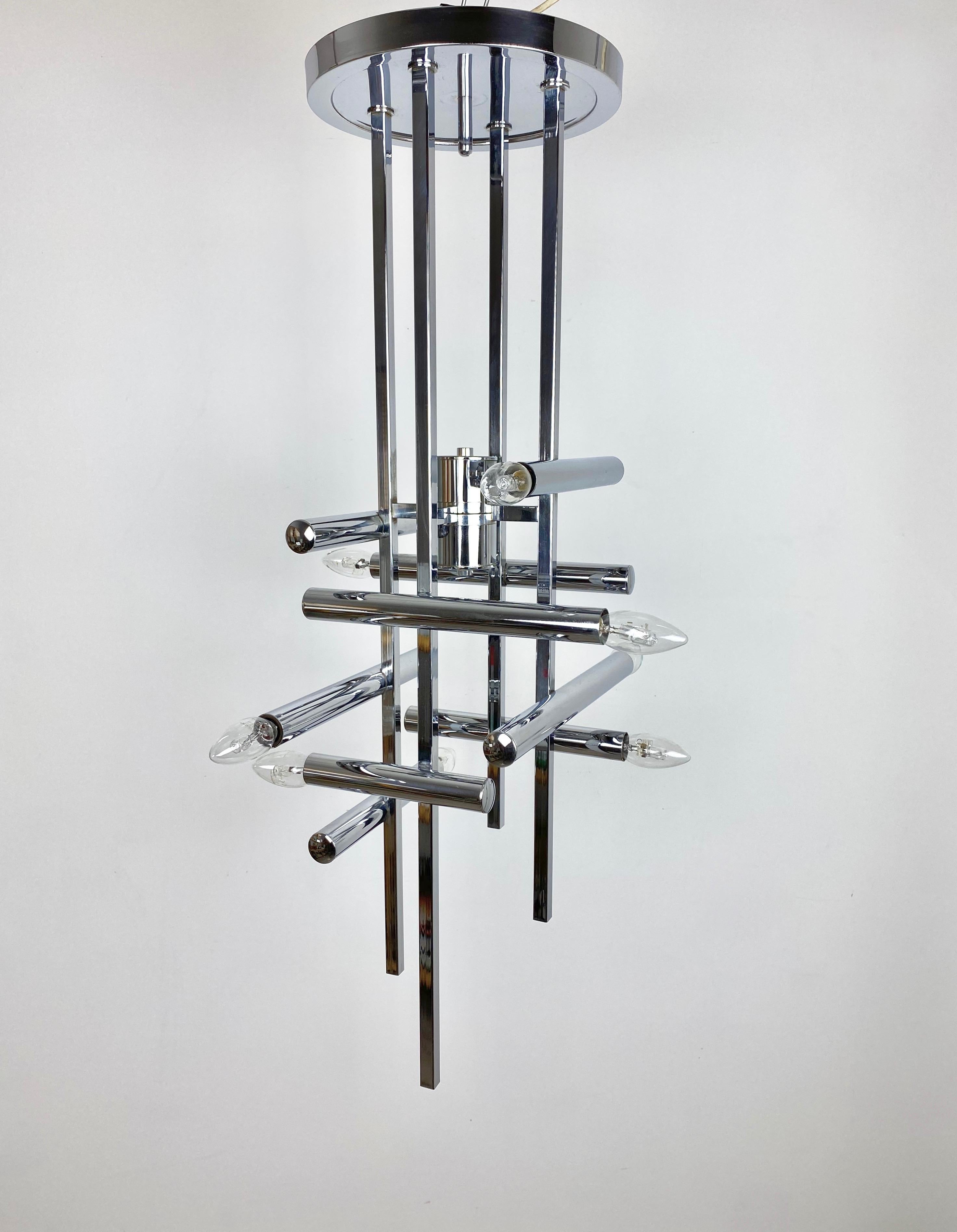 Chandelier or Table Lamp Sculpture by Gaetano Sciolari Chrome 9 Light Italy 1970 In Good Condition For Sale In Rome, IT