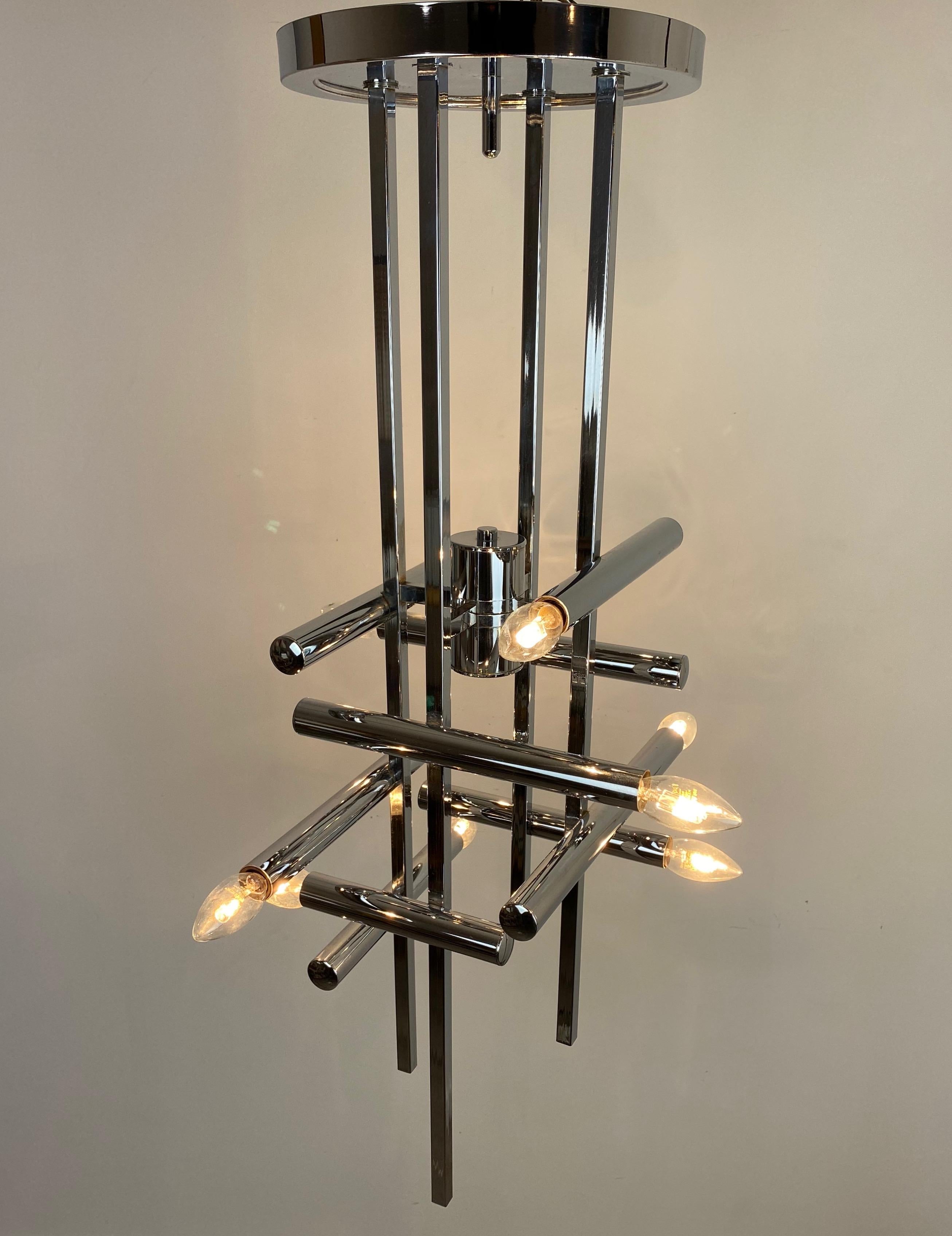 Metal Chandelier or Table Lamp Sculpture by Gaetano Sciolari Chrome 9 Light Italy 1970 For Sale