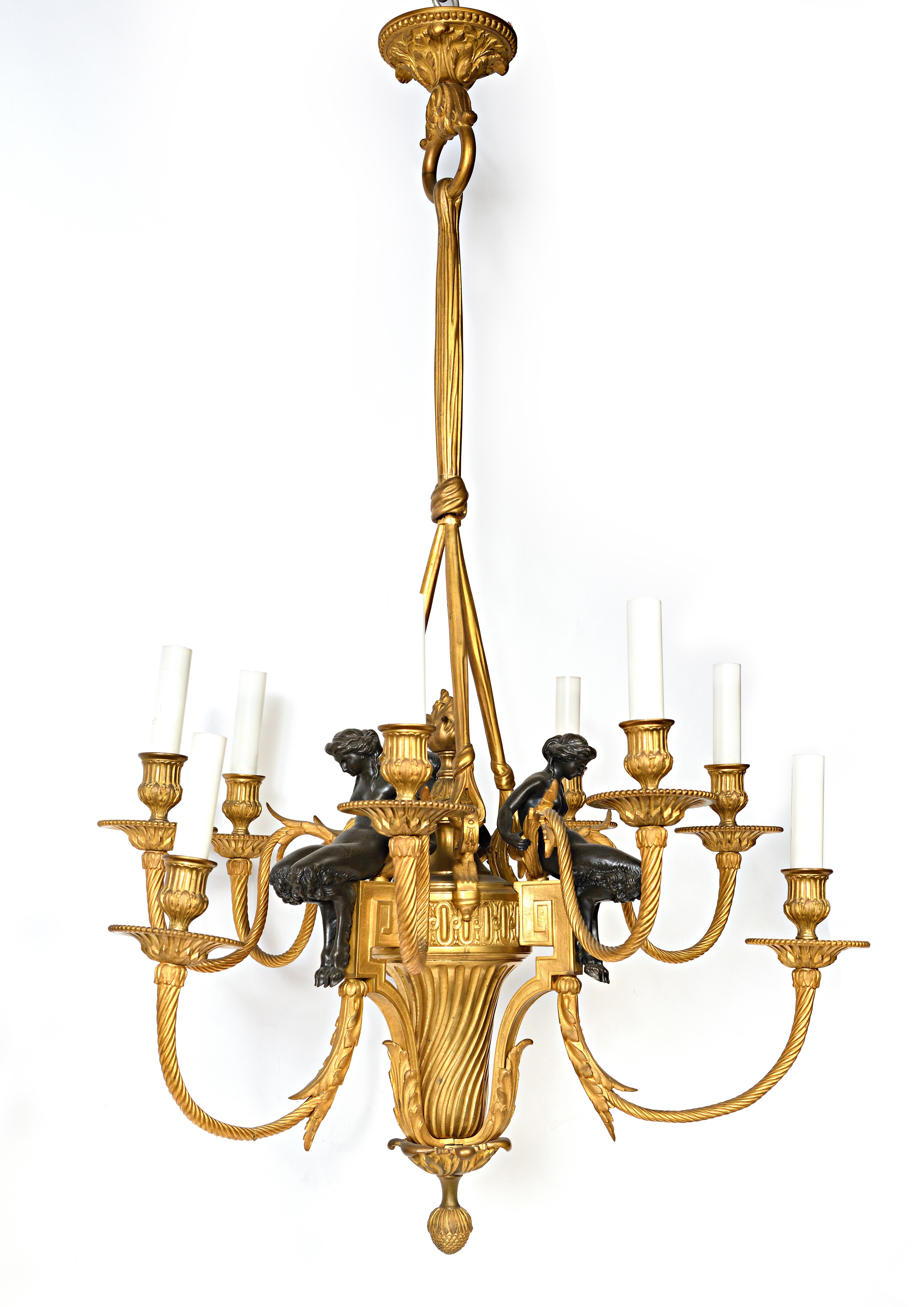 French Chandelier Ormolu Bronze Louis XVI Style with Figural Ladies For Sale