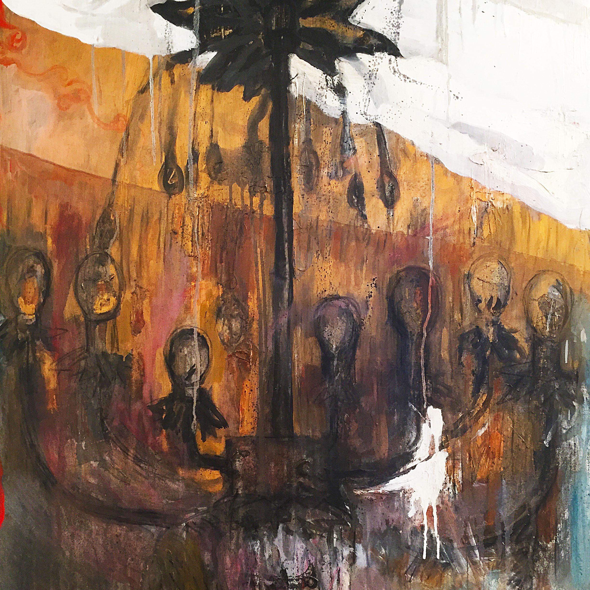 An explosive painting called 'The Chandelier', depicting a group of people seated around a chandelier. Light but strong brushstrokes fire up this painting. TiBor Cervenak was a former taxi driver in Belfast from the Czech Republic, who has a real
