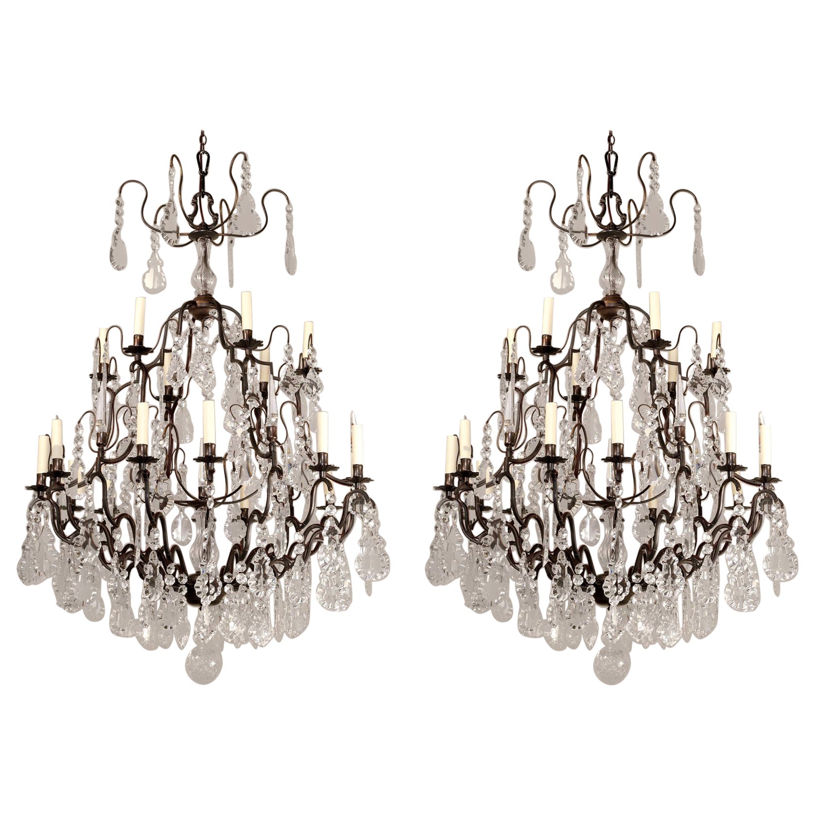 Chandelier Pair Crystal Bronze 18 Branches French Rococo Vintage