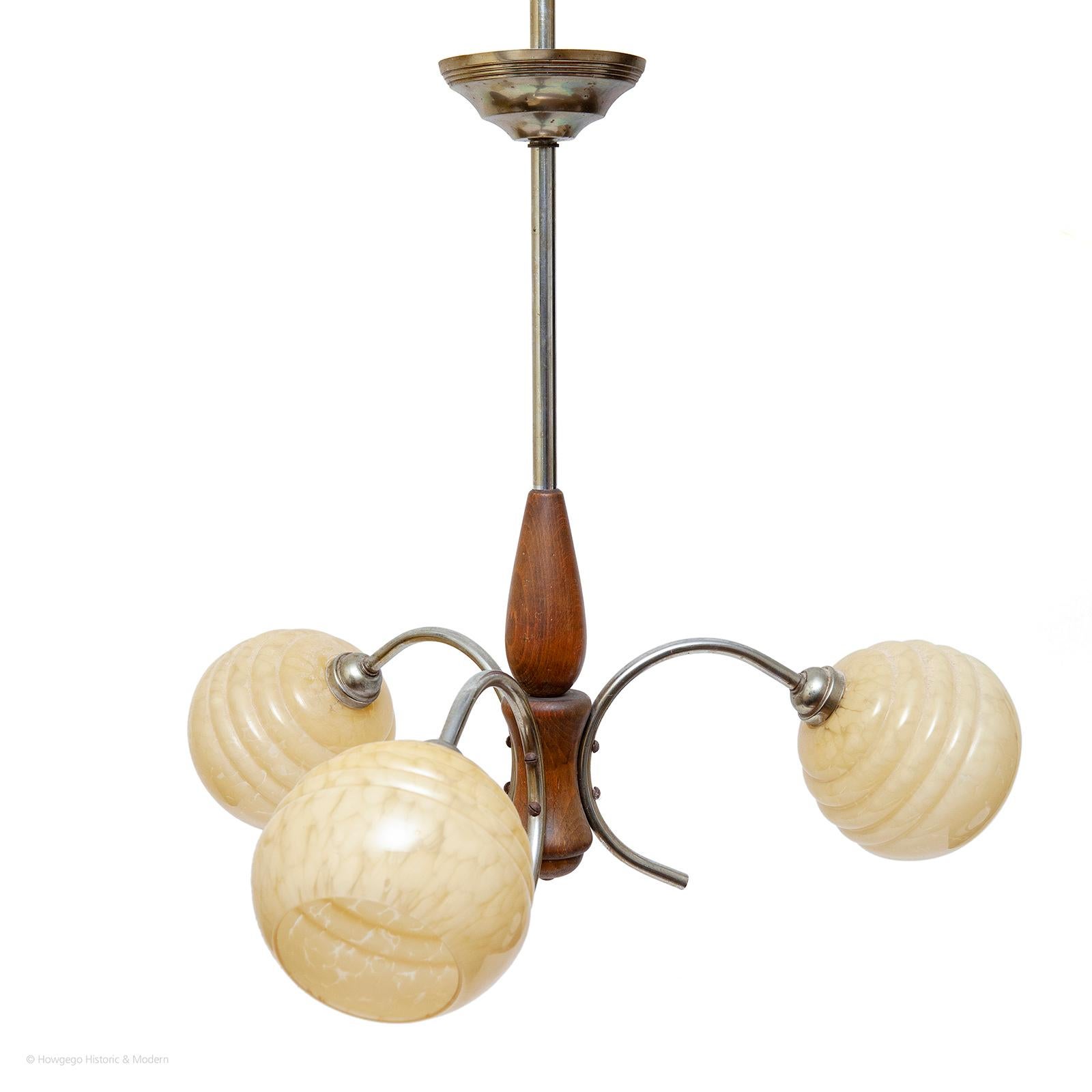 Art Deco chandelier pendant art deco 3 arm branch chrome teak blown glass For Sale