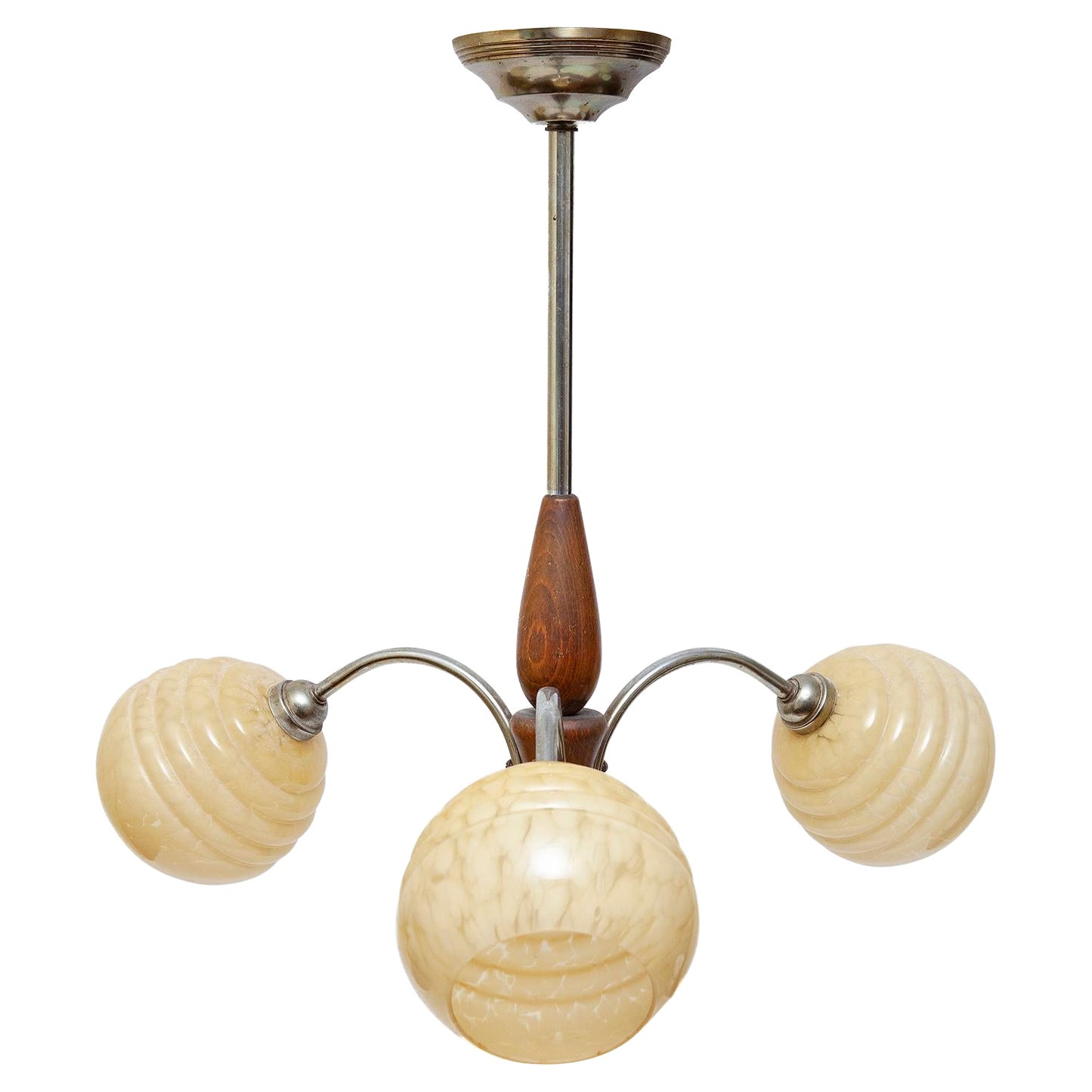 araña colgante art deco 3 brazos rama cromo teca vidrio soplado