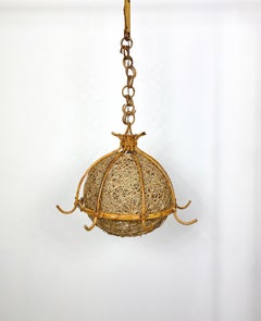 Chandelier Pendant, Bamboo Rattan and Rope, Italy, 1960s