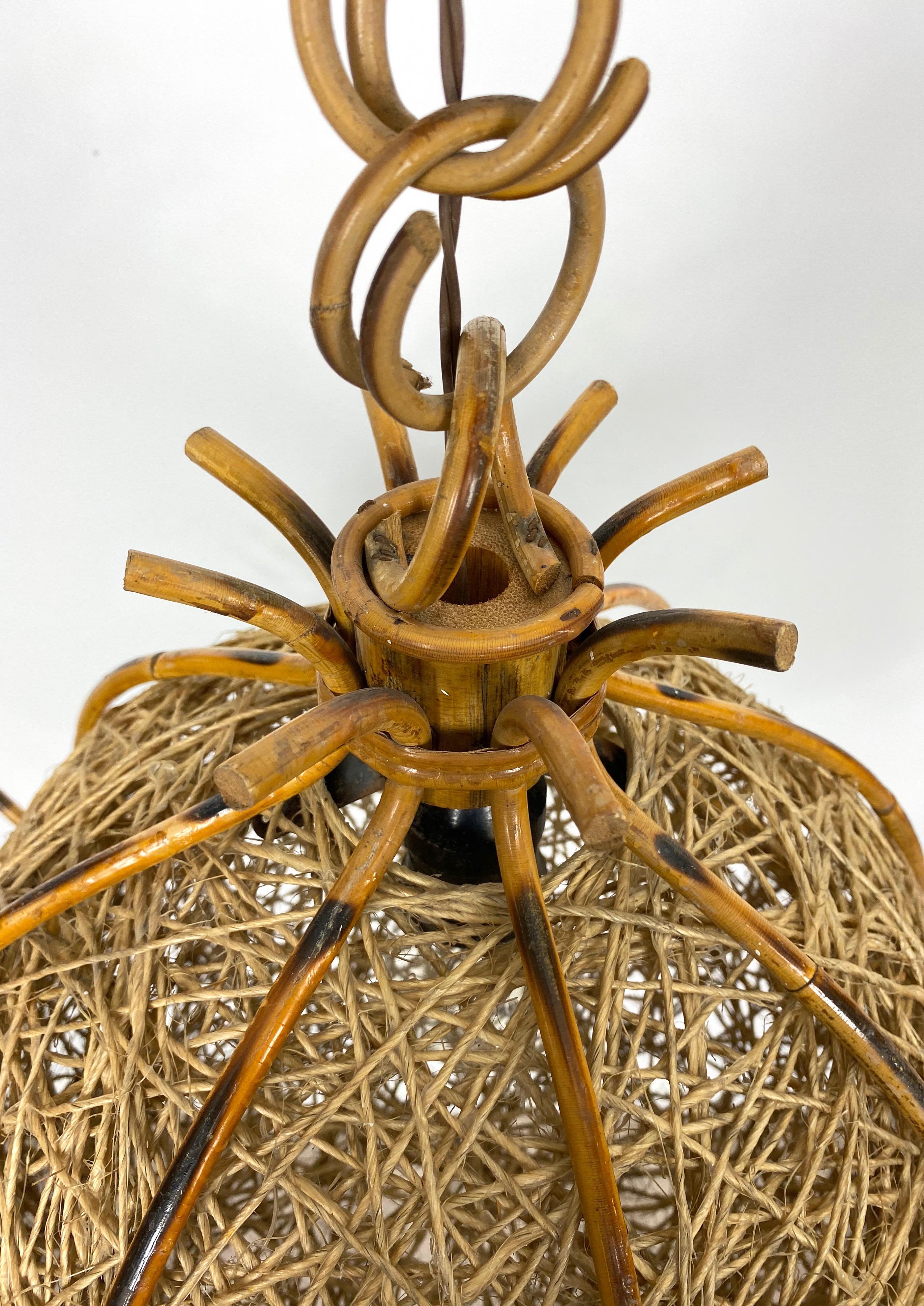 Italian Chandelier Pendant, Bamboo Rattan and Rope, Italy, 1960s For Sale