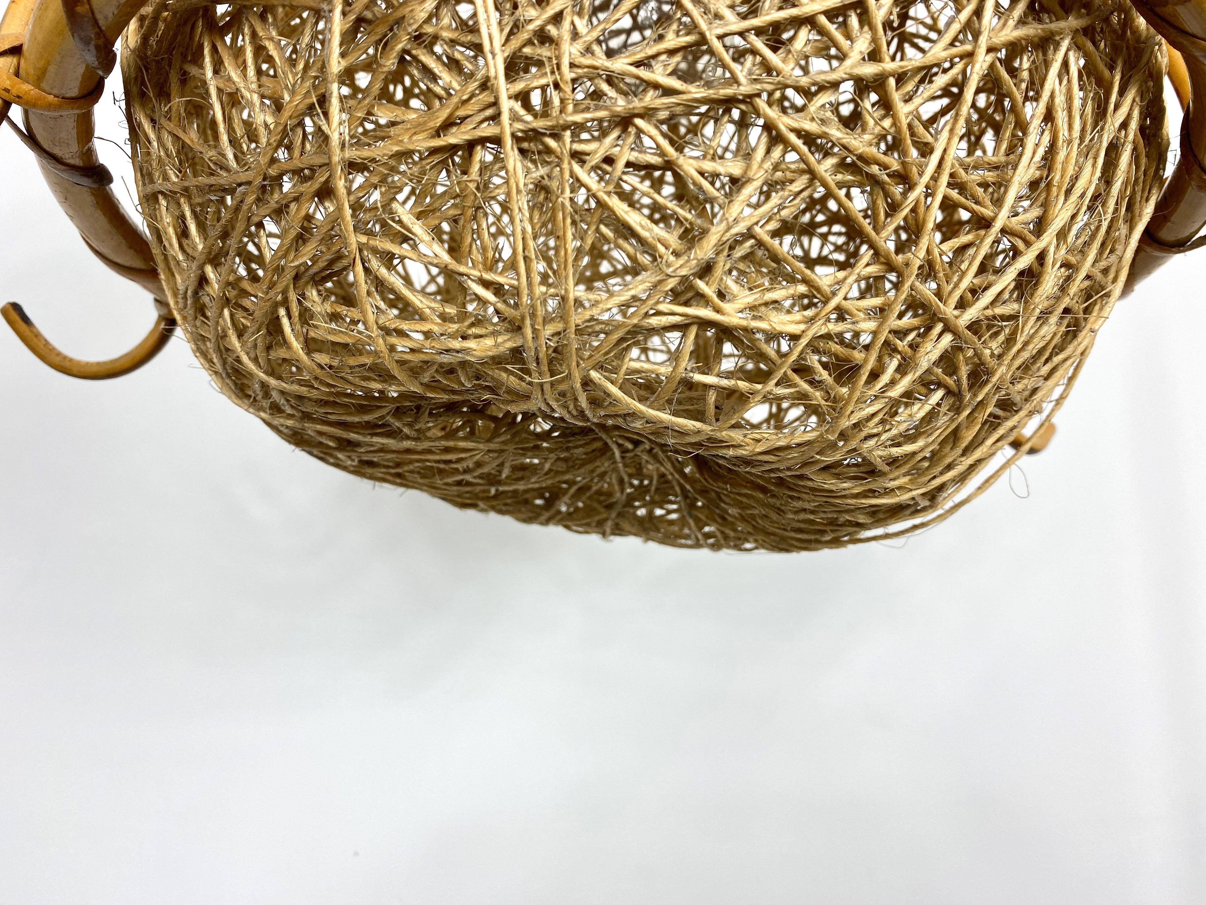 Mid-20th Century Chandelier Pendant, Bamboo Rattan and Rope, Italy, 1960s For Sale