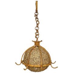 Retro Chandelier Pendant, Bamboo Rattan and Rope, Italy, 1960s