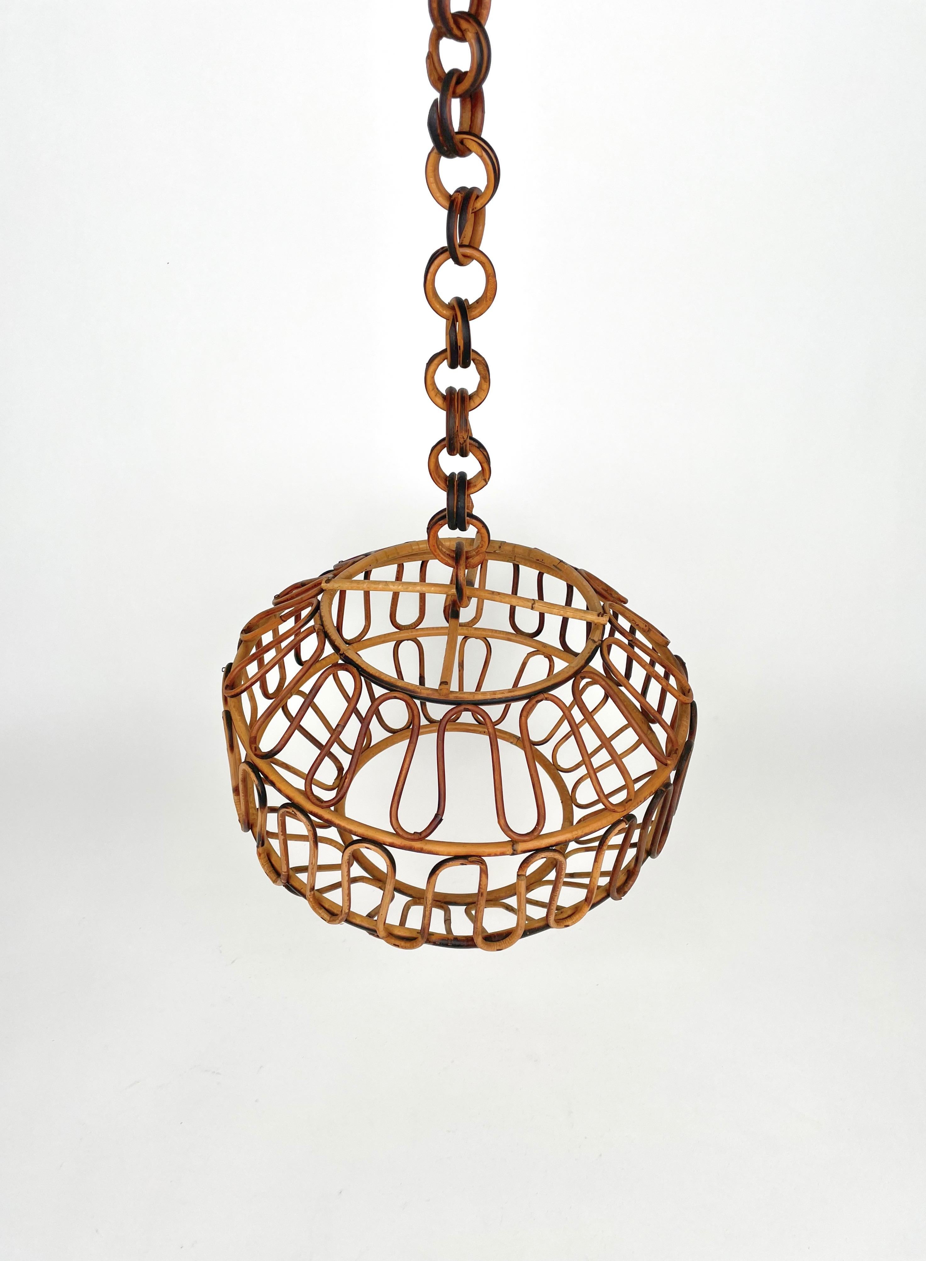 Mid-20th Century Chandelier Pendant Bamboo & Rattan, Italy, 1960s For Sale
