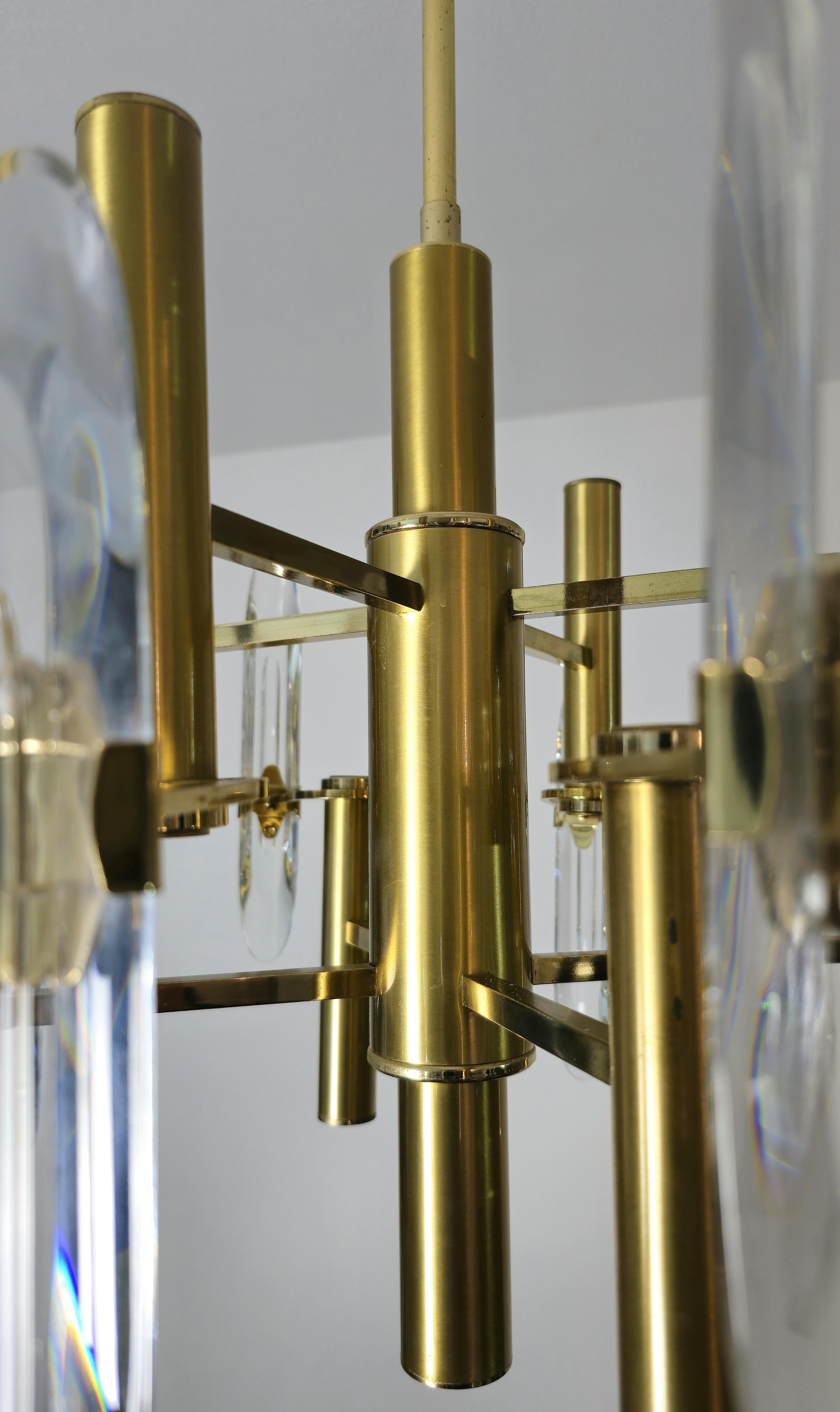  Chandelier Pendant Brass Crystal Glass Gaetano Sciolari Midcentury Italy 1970s For Sale 6