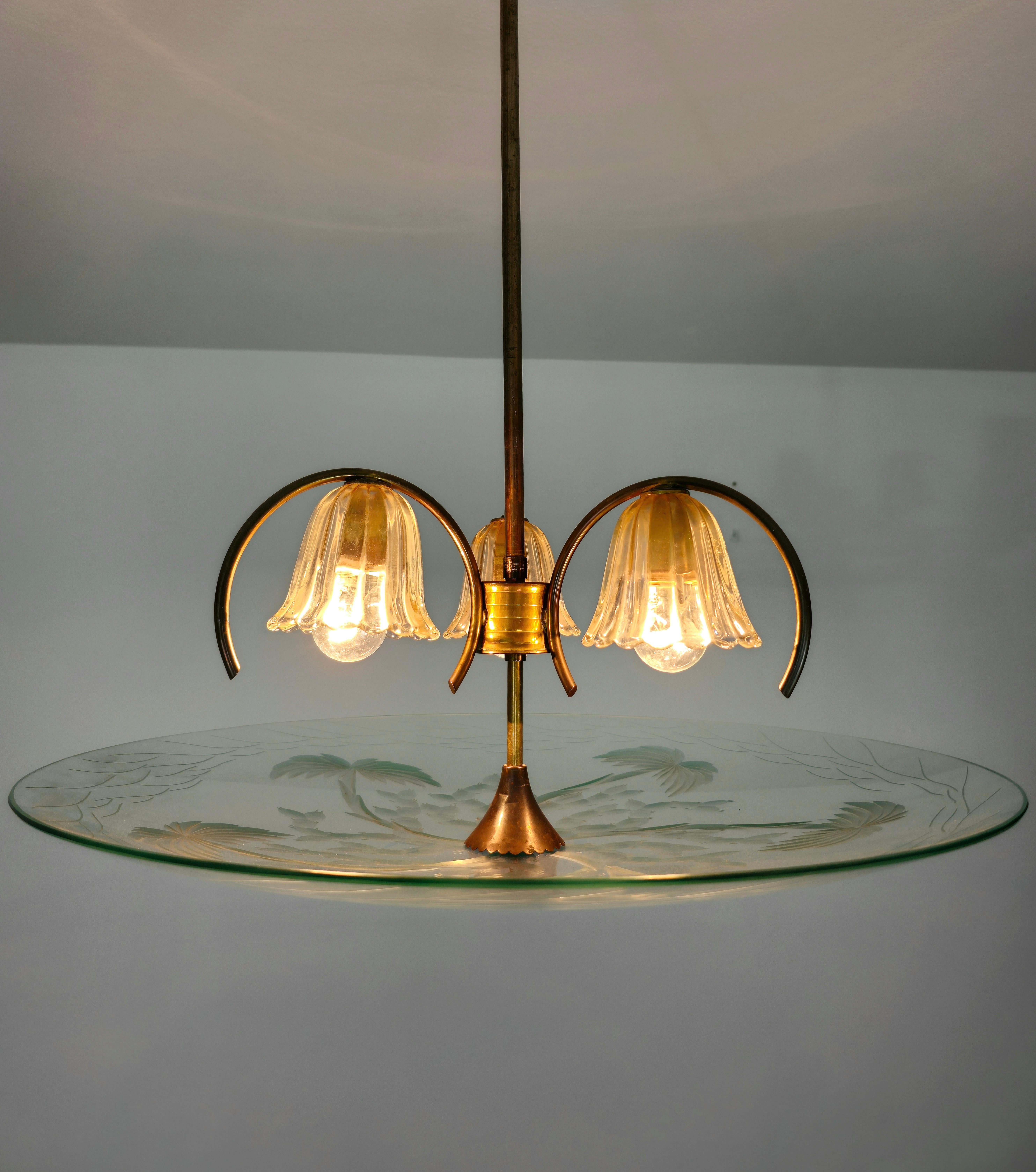 Italian Chandelier Pendant Brass Glass Attributed to Pietro Chiesa for Fontana Arte 1940 For Sale