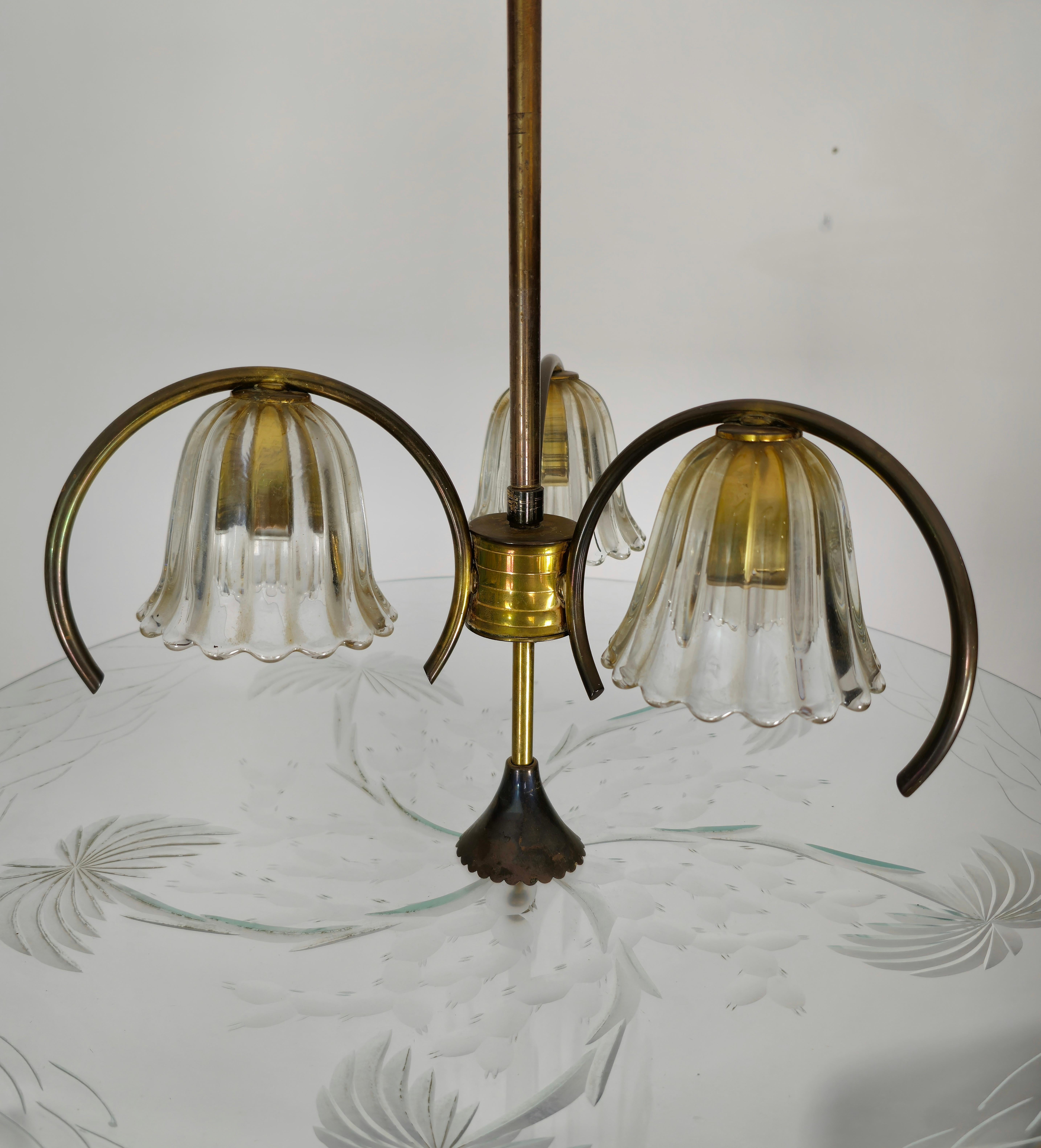 Chandelier Pendant Brass Glass Attributed to Pietro Chiesa for Fontana Arte 1940 For Sale 1