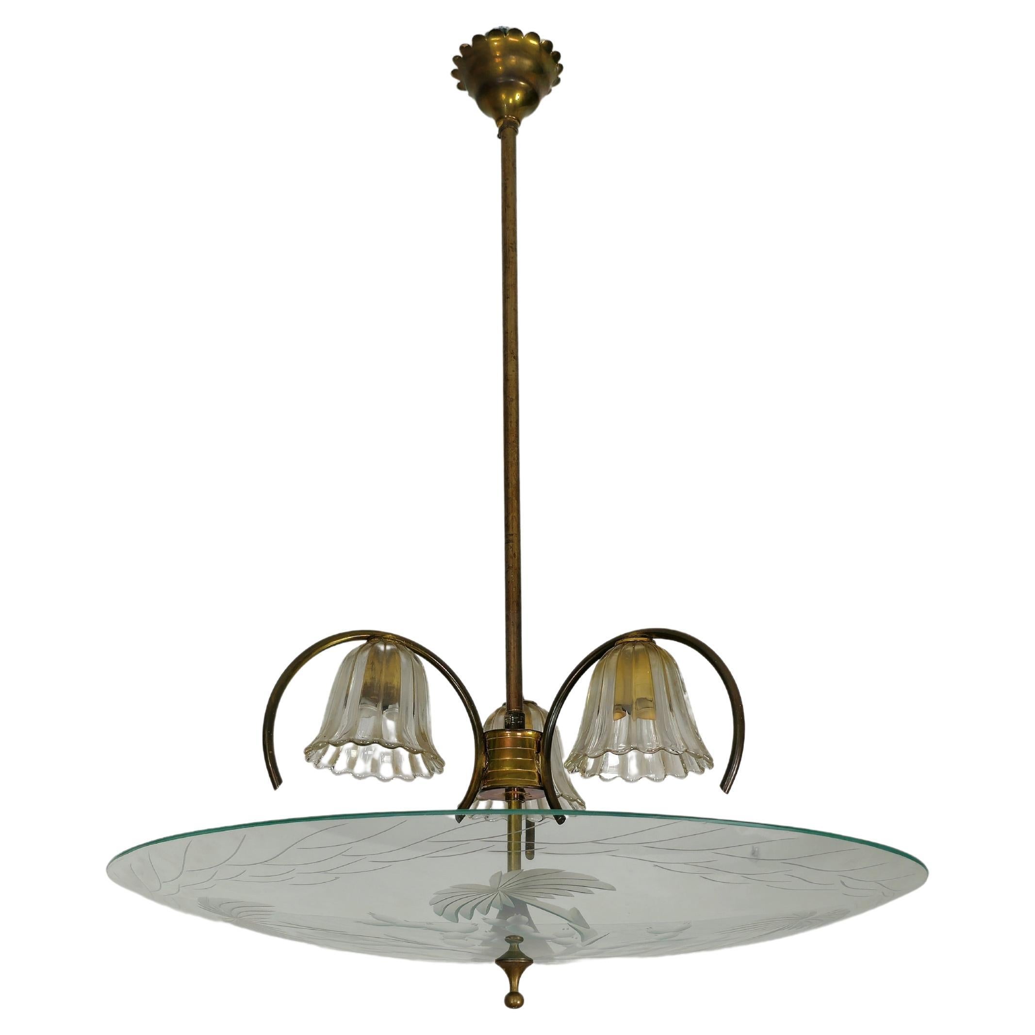 Chandelier Pendant Brass Glass Attributed to Pietro Chiesa for Fontana Arte 1940 For Sale