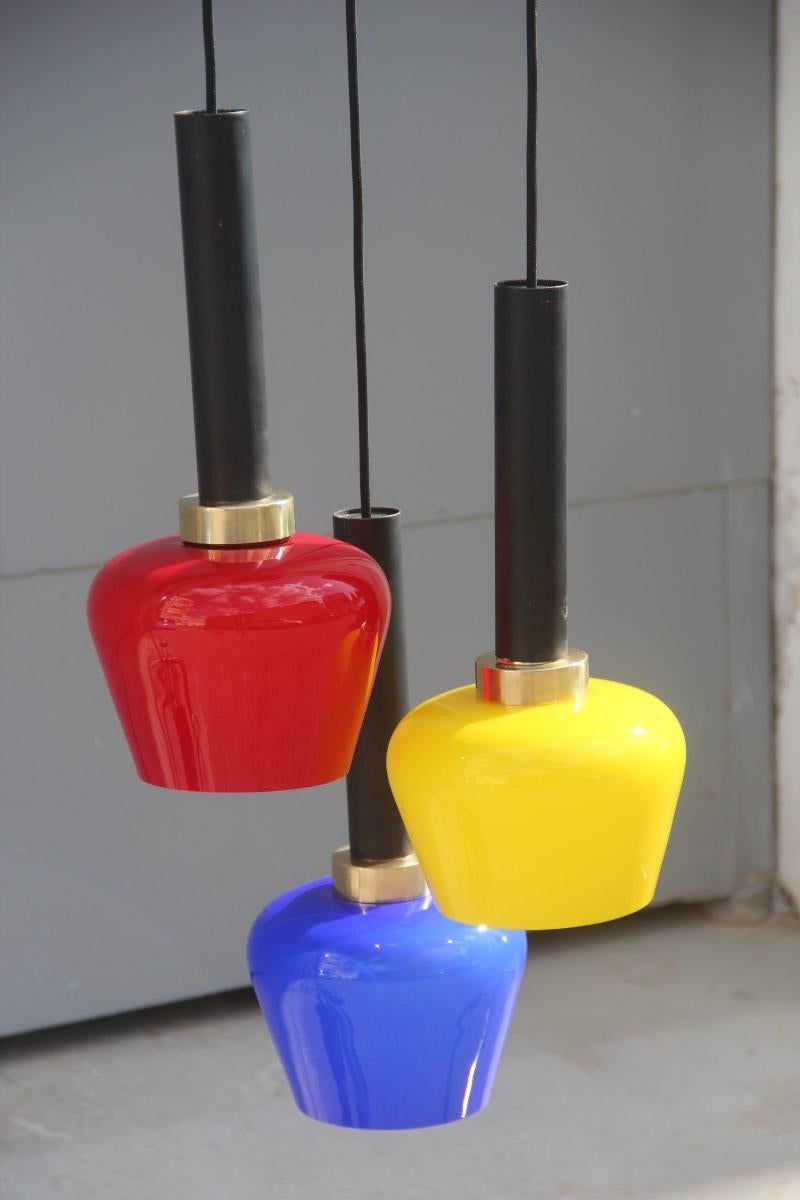 Chandelier Pendant Brass Italian Design Vistosi 1950 Black, Yellow, Blu, Red For Sale 4