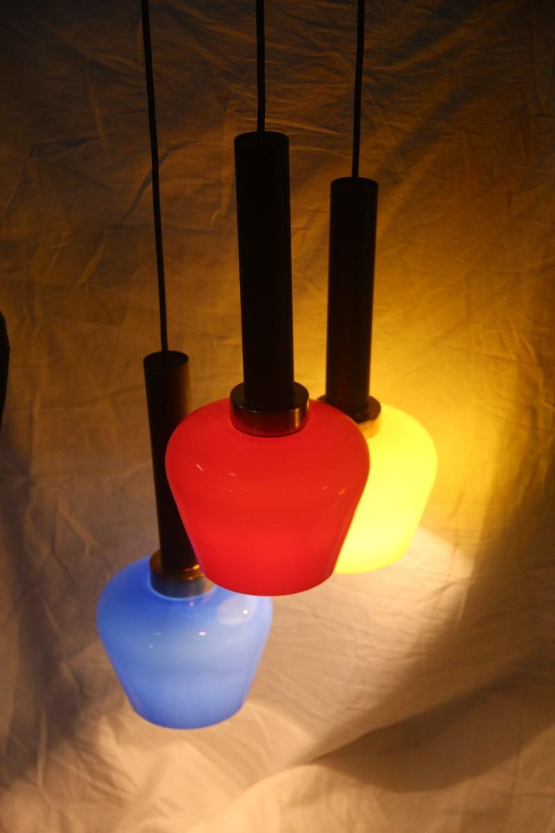 Mid-Century Modern Chandelier Pendant Brass Italian Design Vistosi 1950 Black, Yellow, Blu, Red For Sale