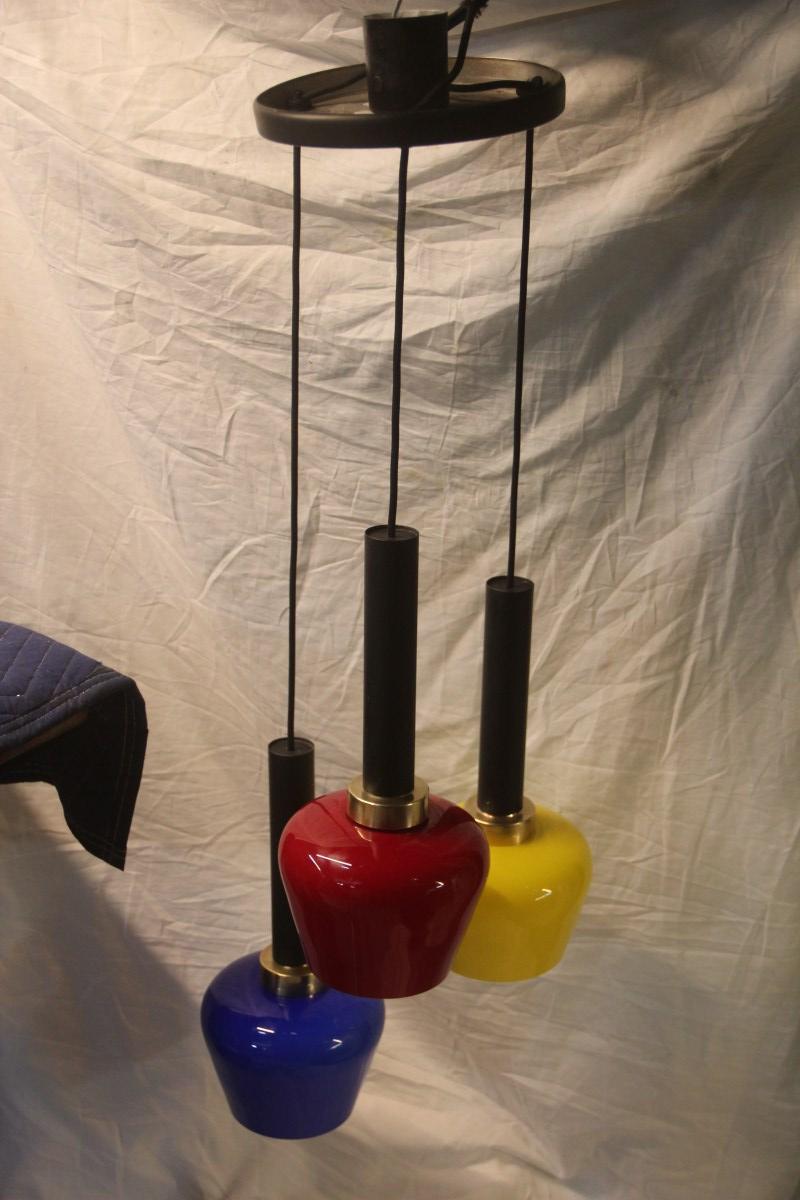 Mid-20th Century Chandelier Pendant Brass Italian Design Vistosi 1950 Black, Yellow, Blu, Red For Sale