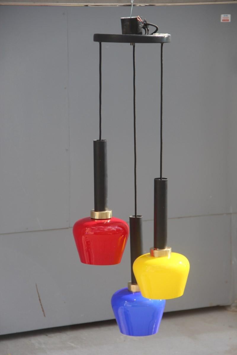 Metal Chandelier Pendant Brass Italian Design Vistosi 1950 Black, Yellow, Blu, Red For Sale
